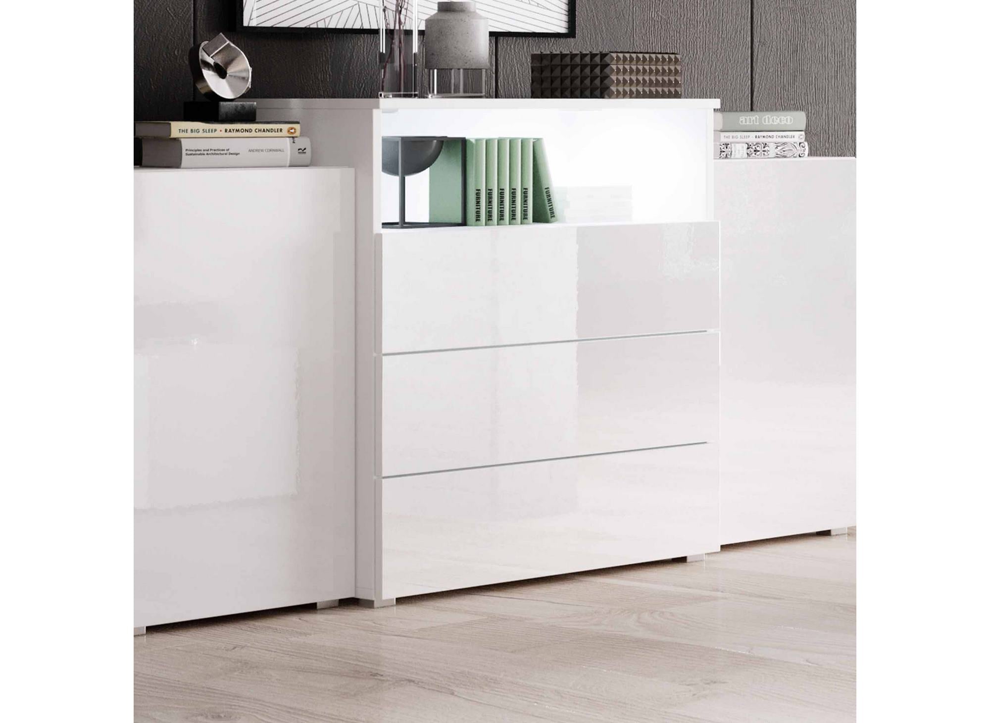 Aparador blanco lacado de 2 puertas y 3 cajones con iluminación LED - MARCEL