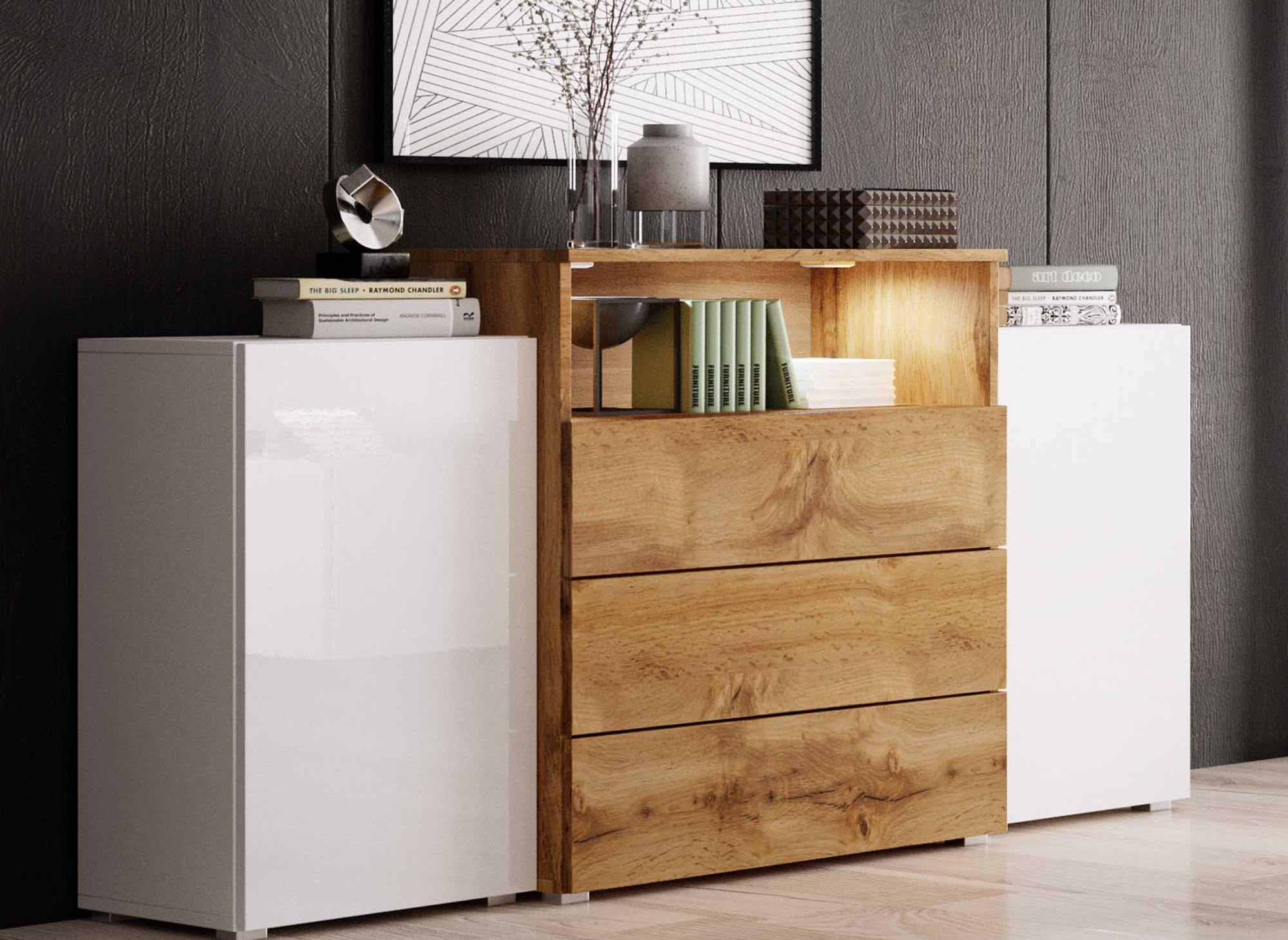 Aparador blanco y de madera de 2 puertas y 3 cajones con iluminación LED - MARCEL