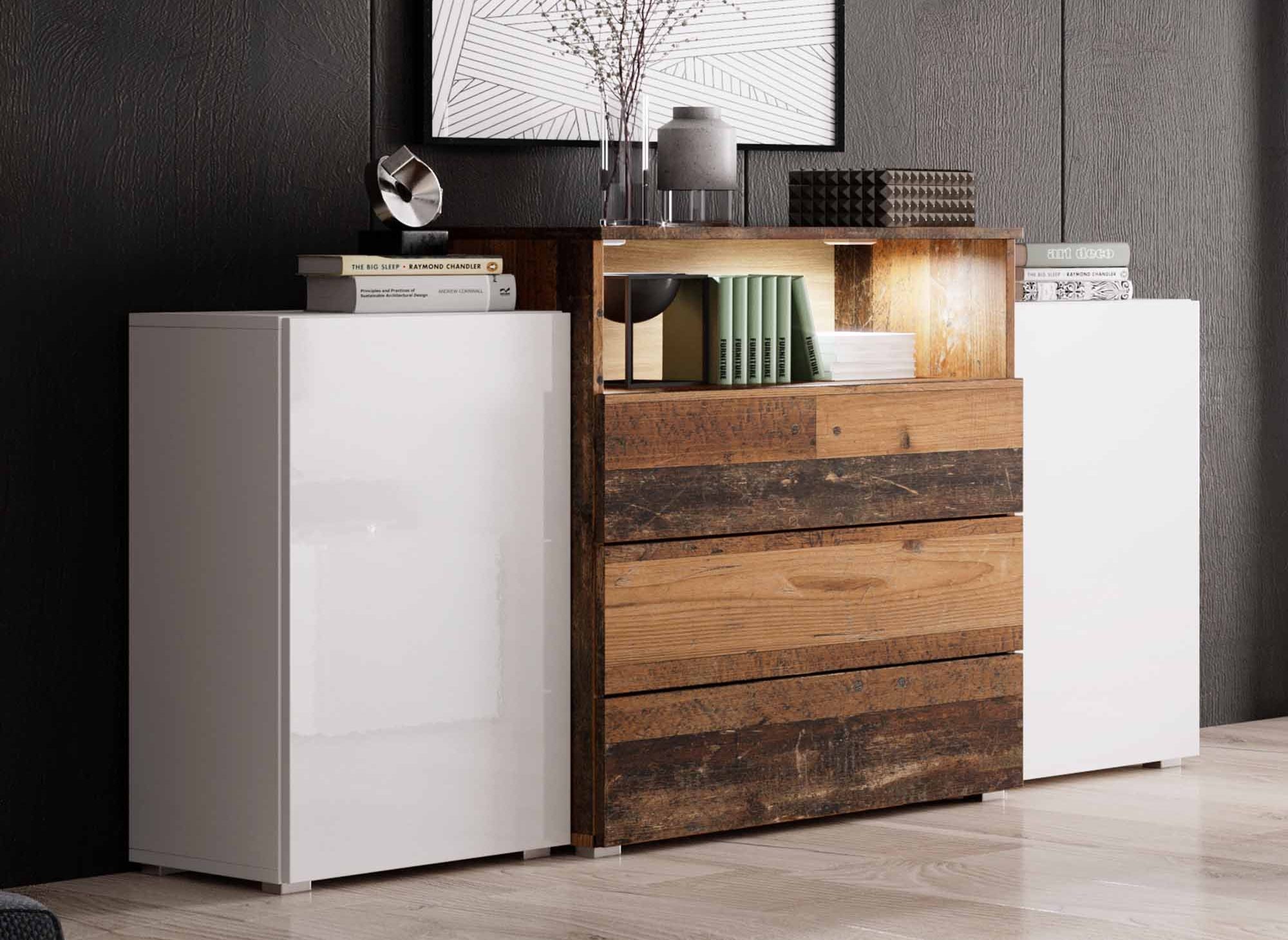 Aparador de 2 puertas y 3 cajones en roble blanco y envejecido con iluminación LED - MARCEL