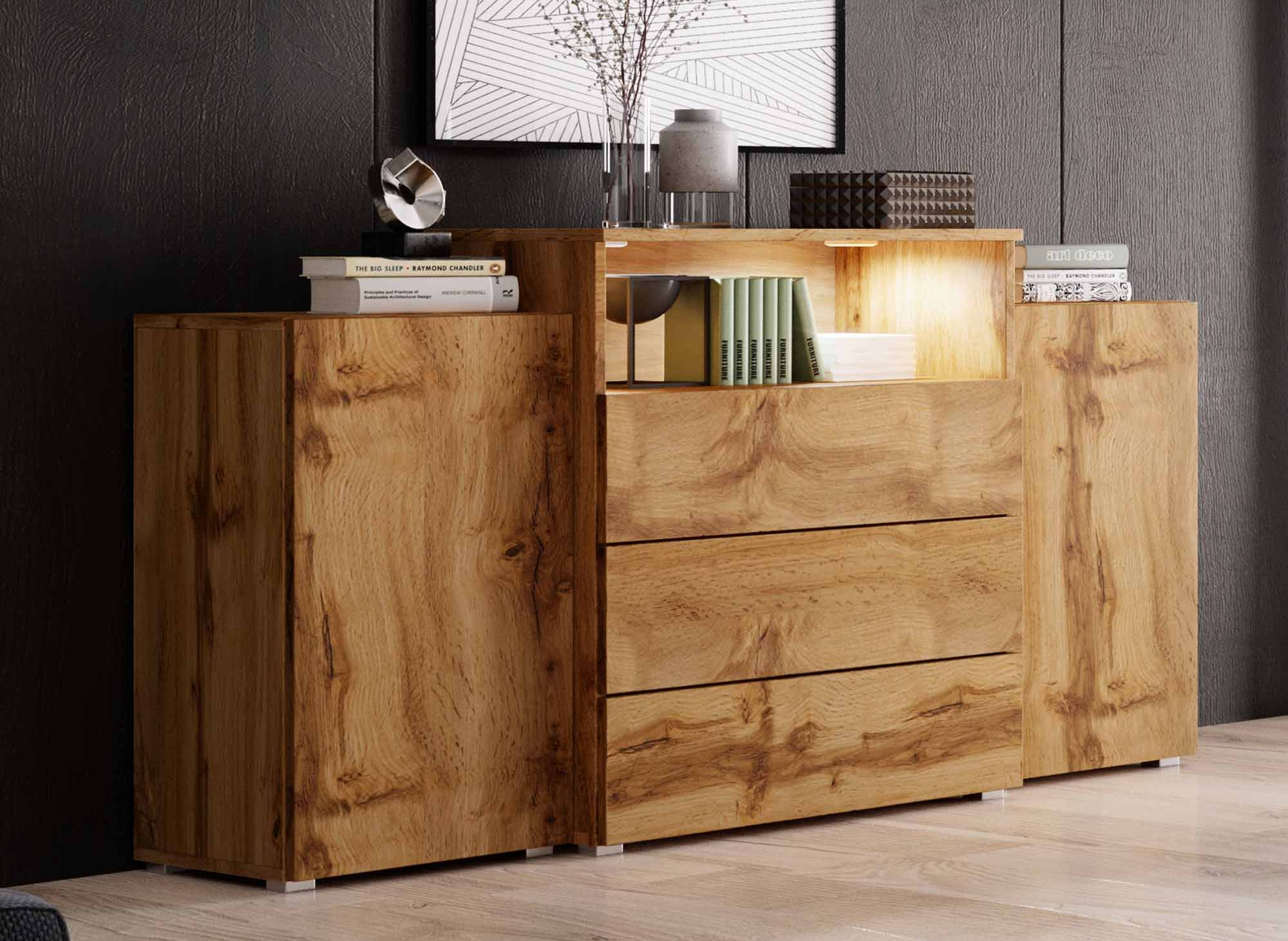 Aparador de roble de 2 puertas y 3 cajones con iluminación LED - MARCEL