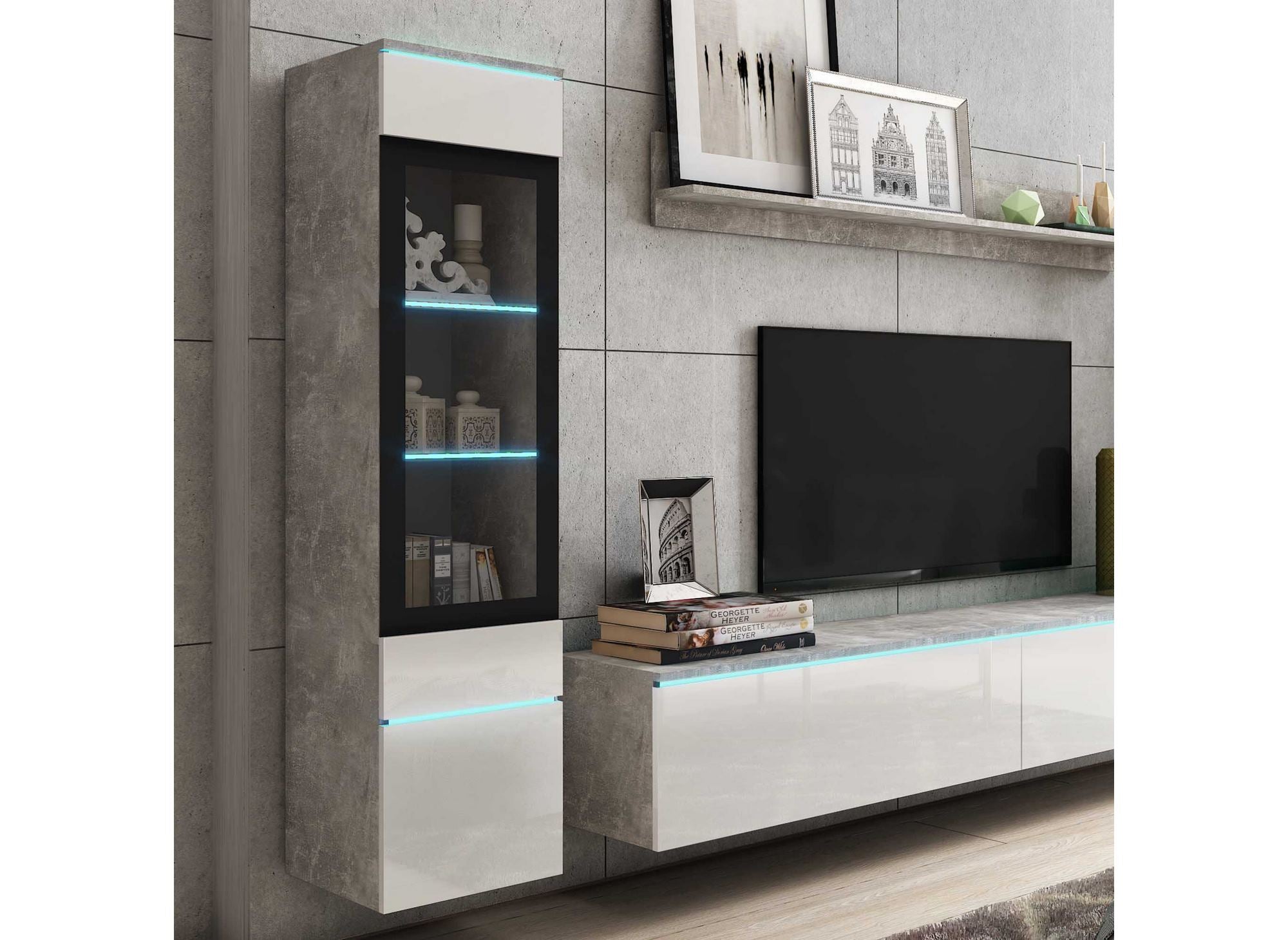 Mueble de TV contemporáneo en laca gris hormigón y blanca con iluminación LED - VERONICA XL