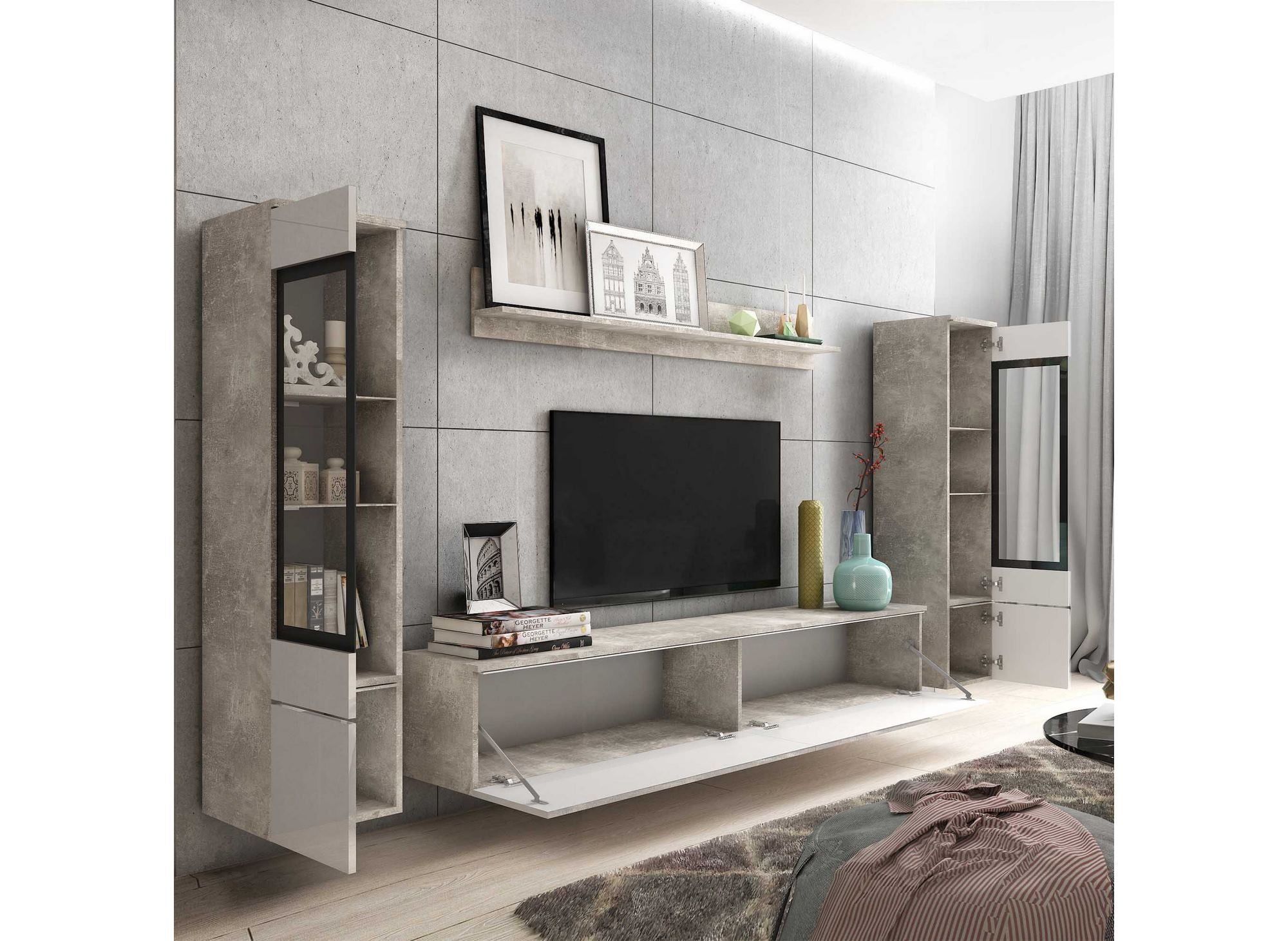 Mueble de TV contemporáneo en laca gris hormigón y blanca con iluminación LED - VERONICA XL