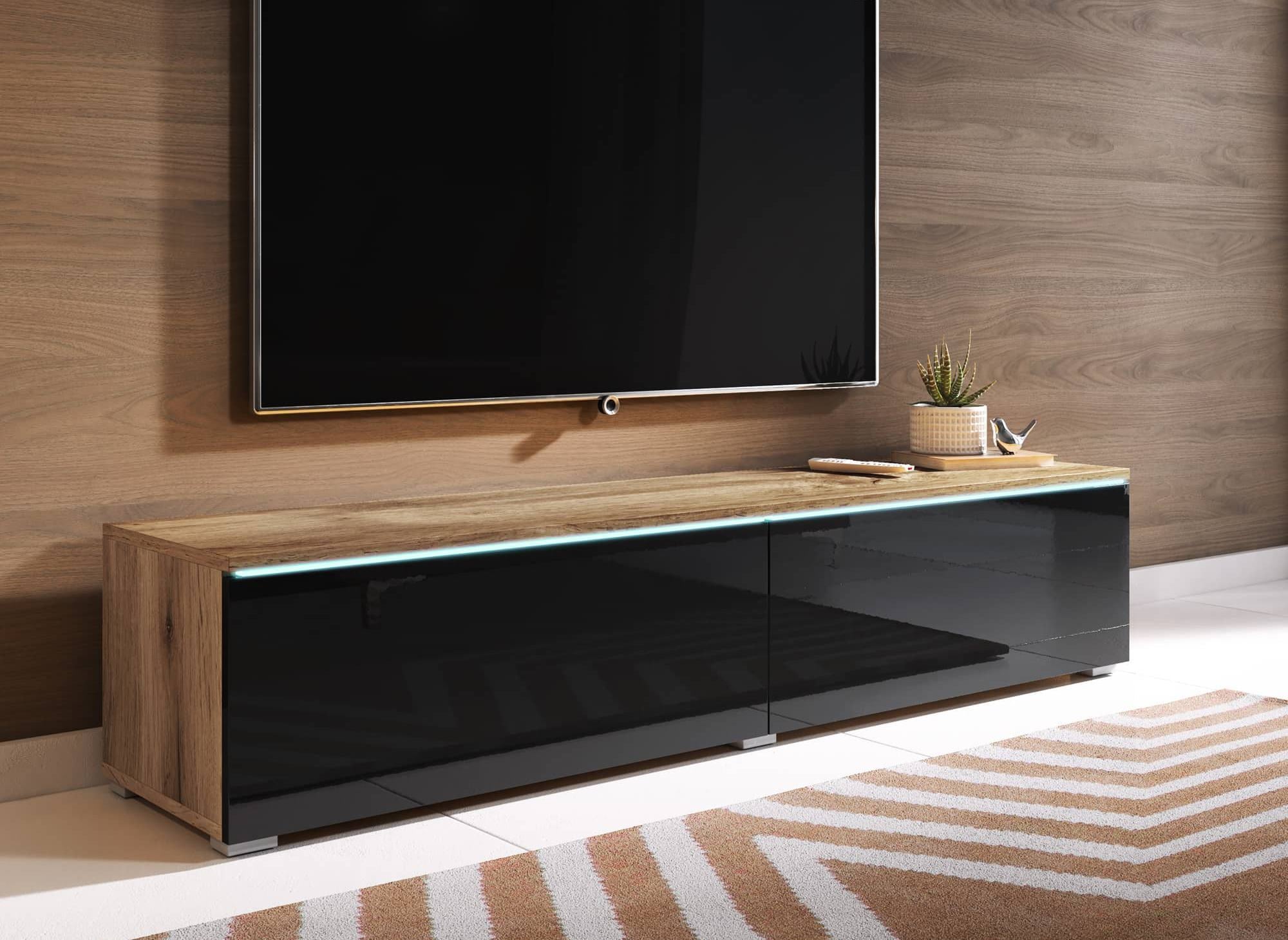 Mueble de TV MALORIE en roble envejecido y laca negra con iluminación LED y 2 puertas - 180 cm