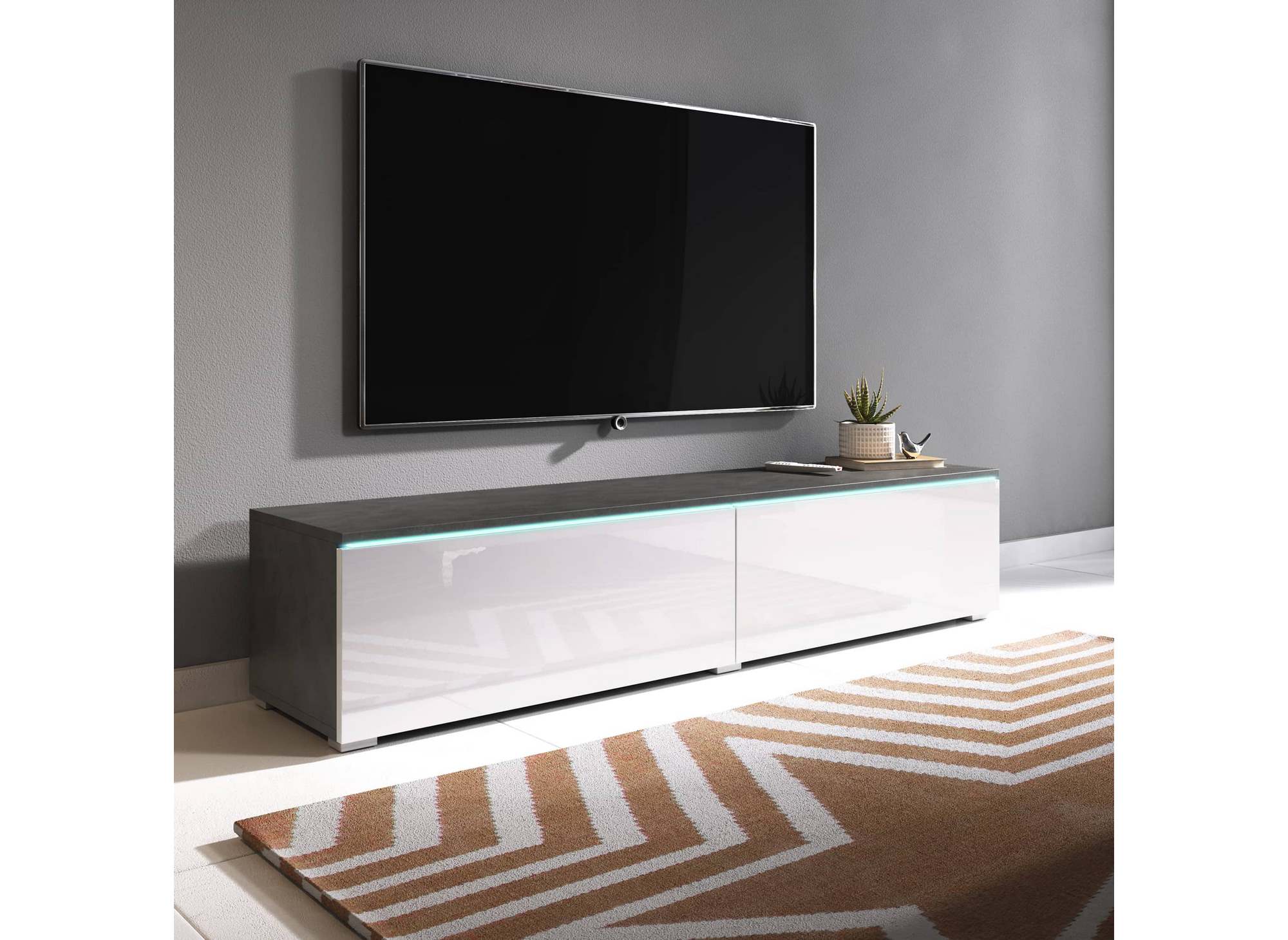 Mueble de TV contemporáneo gris y blanco con iluminación LED y 2 puertas MALORIE - 180 cm