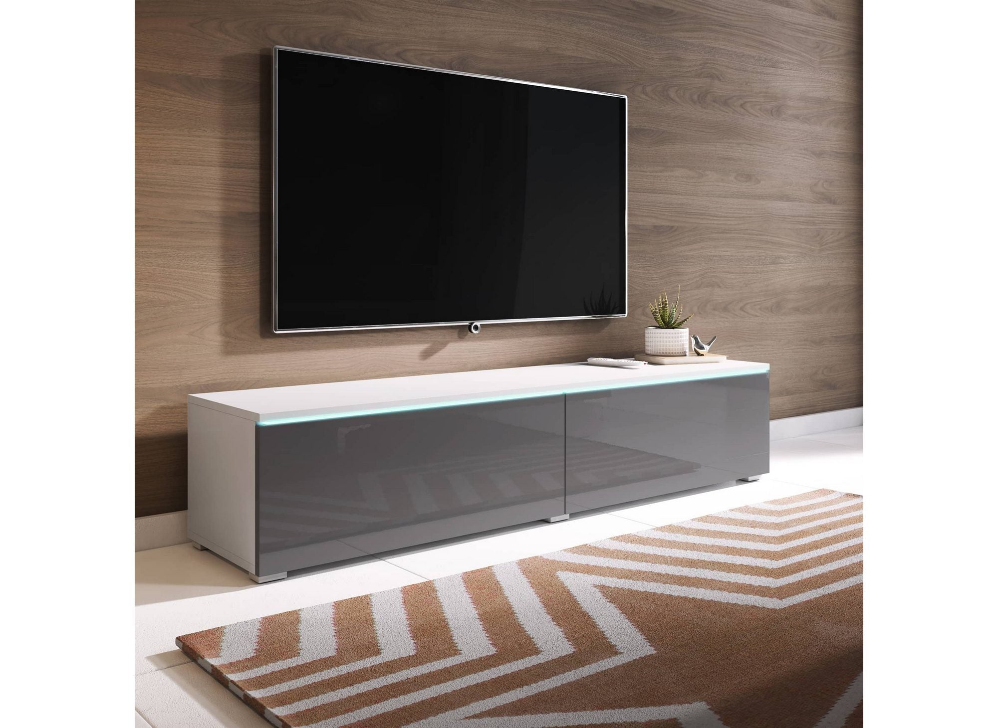 Mueble de TV MALORIE contemporáneo lacado en gris y blanco con iluminación LED y 2 puertas - 180 cm