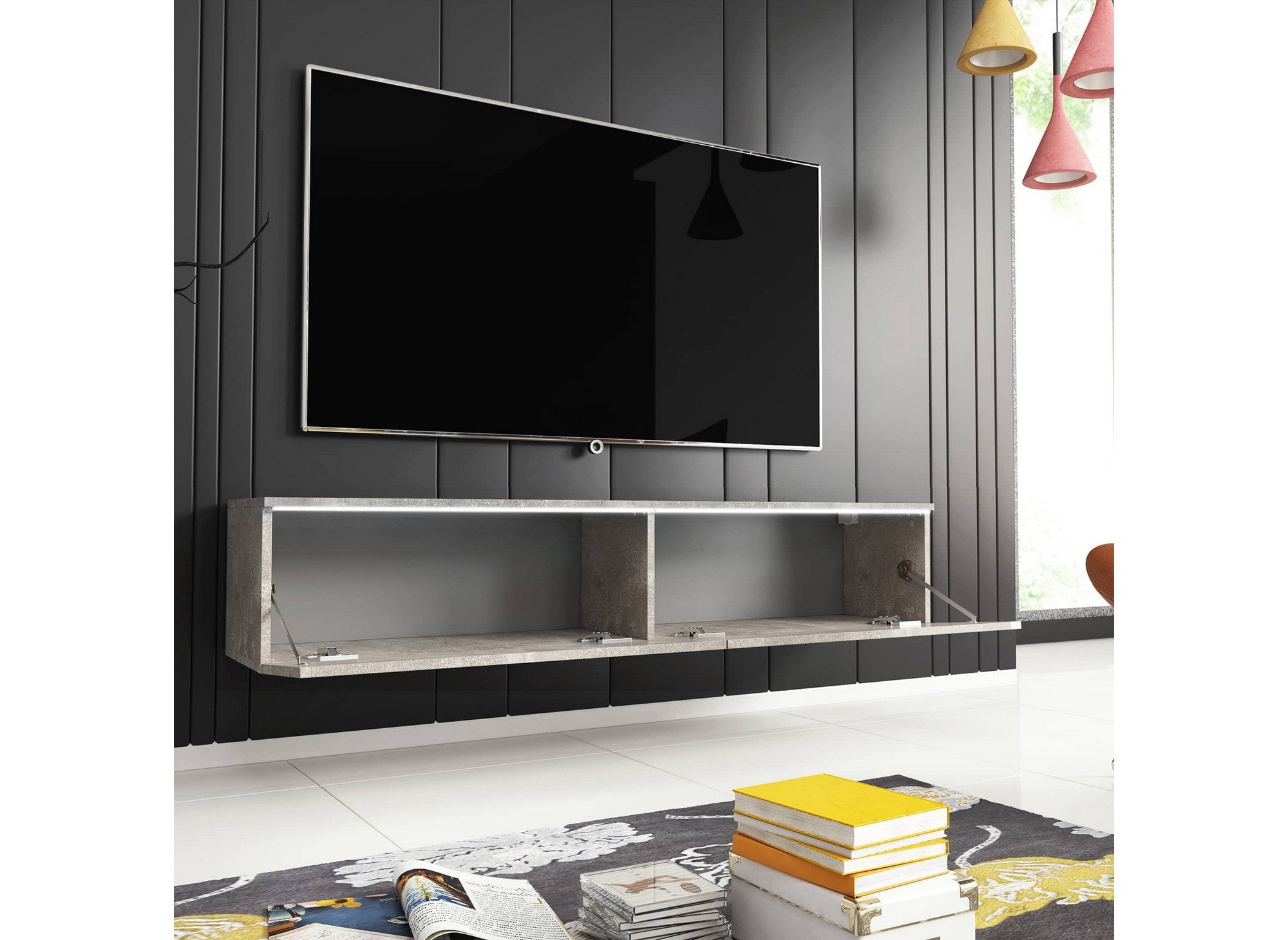 Mueble de TV contemporáneo MALORIE en gris hormigón con iluminación LED y 2 puertas - 180 cm