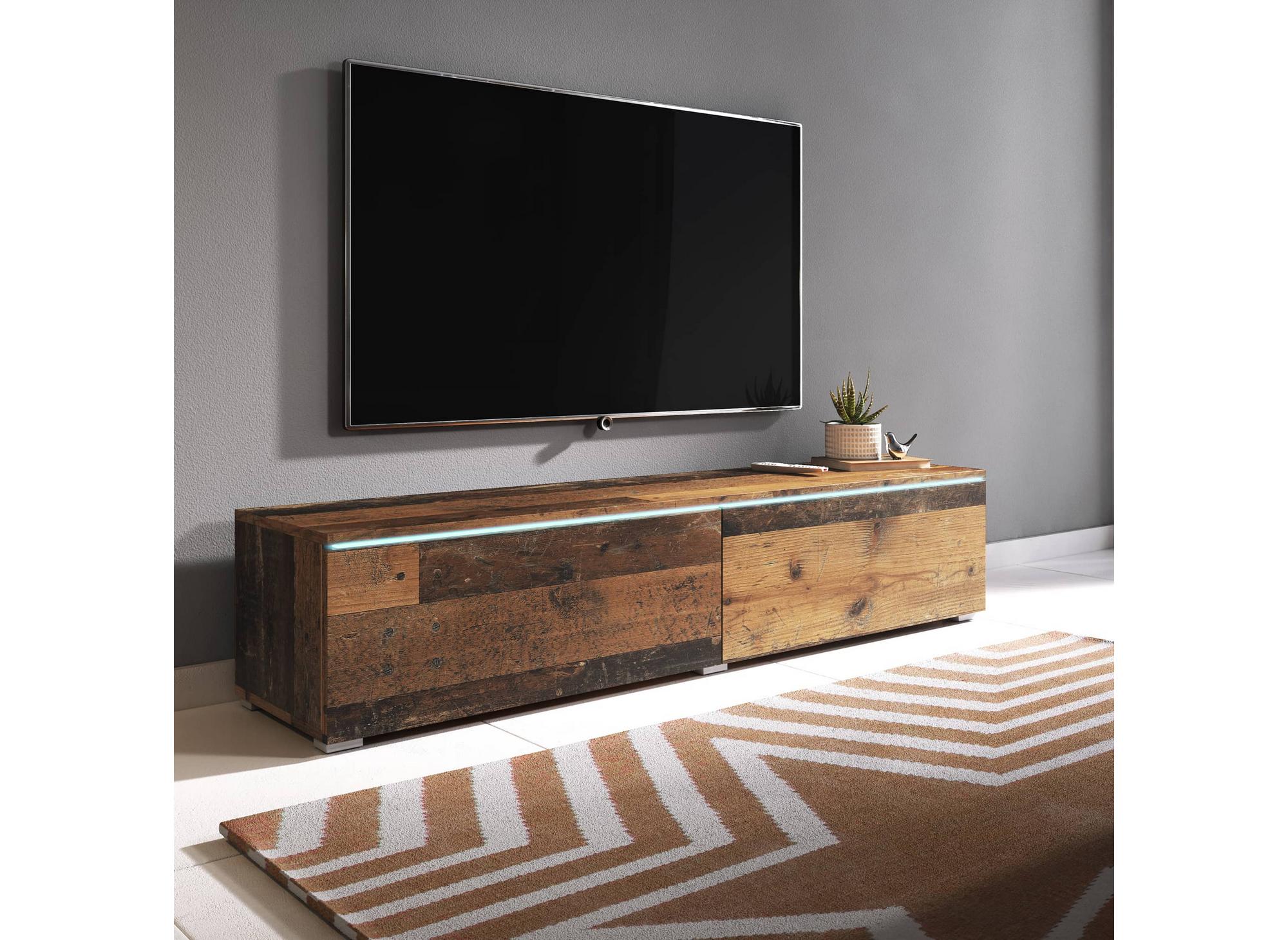 Mueble de TV contemporáneo en antracita y roble oscuro envejecido con iluminación LED, 2 puertas, MALORIE - 180 cm