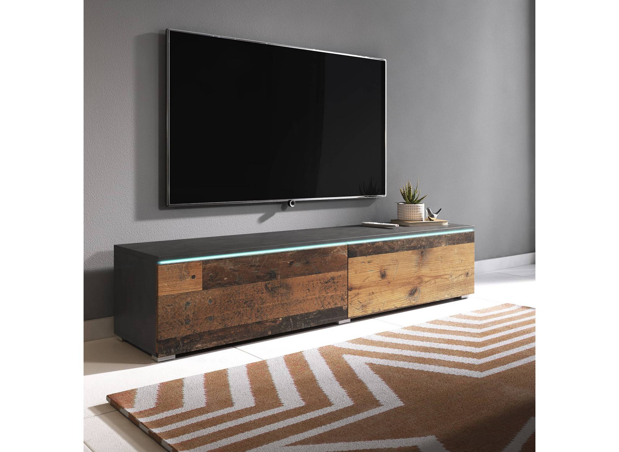 Mueble de TV contemporáneo en antracita y roble con iluminación LED y 2 puertas, MALORIE - 180 cm