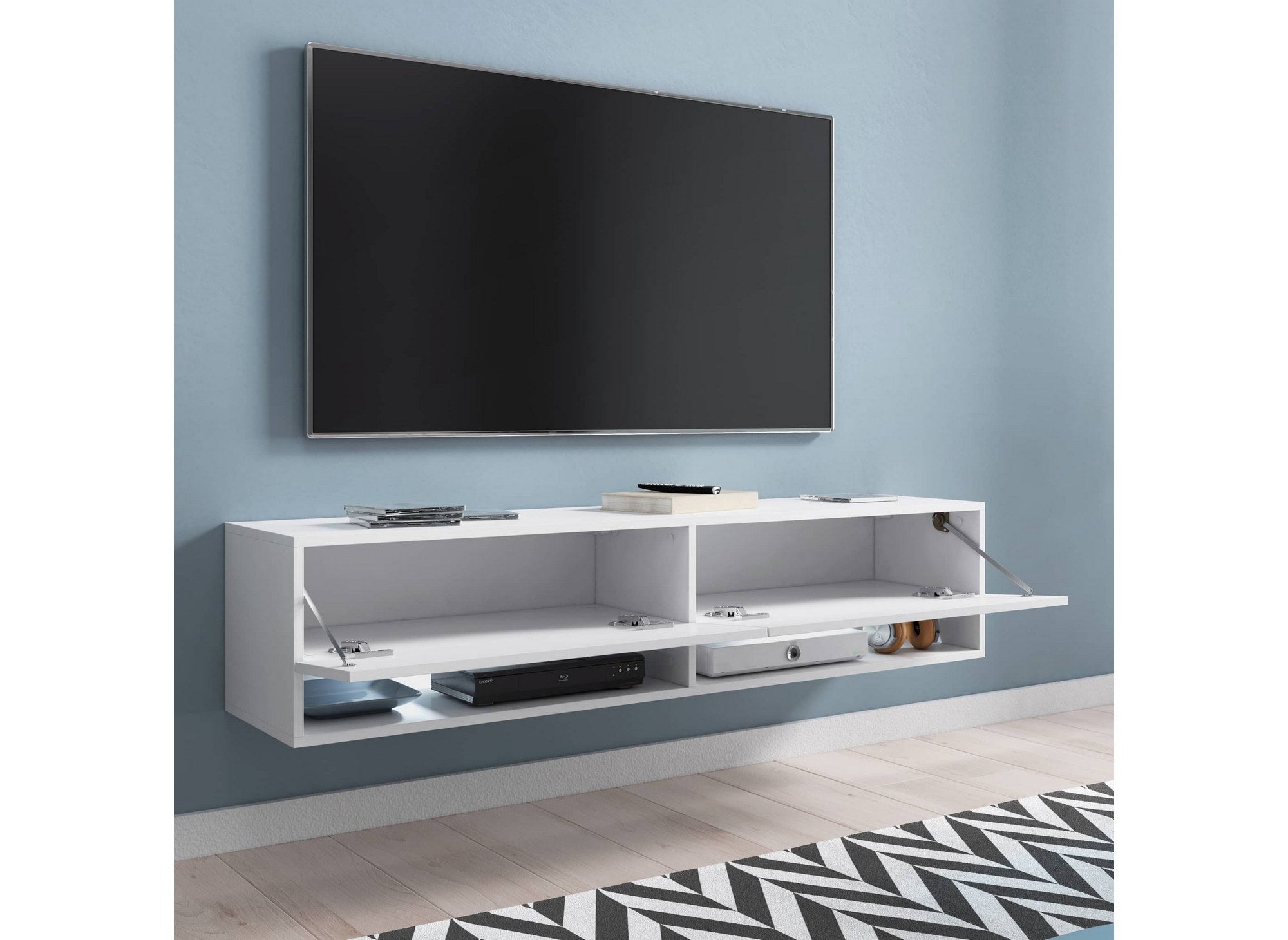 Mueble de TV mural ROMANE con 1 puerta y 2 estantes, blanco - 100 cm