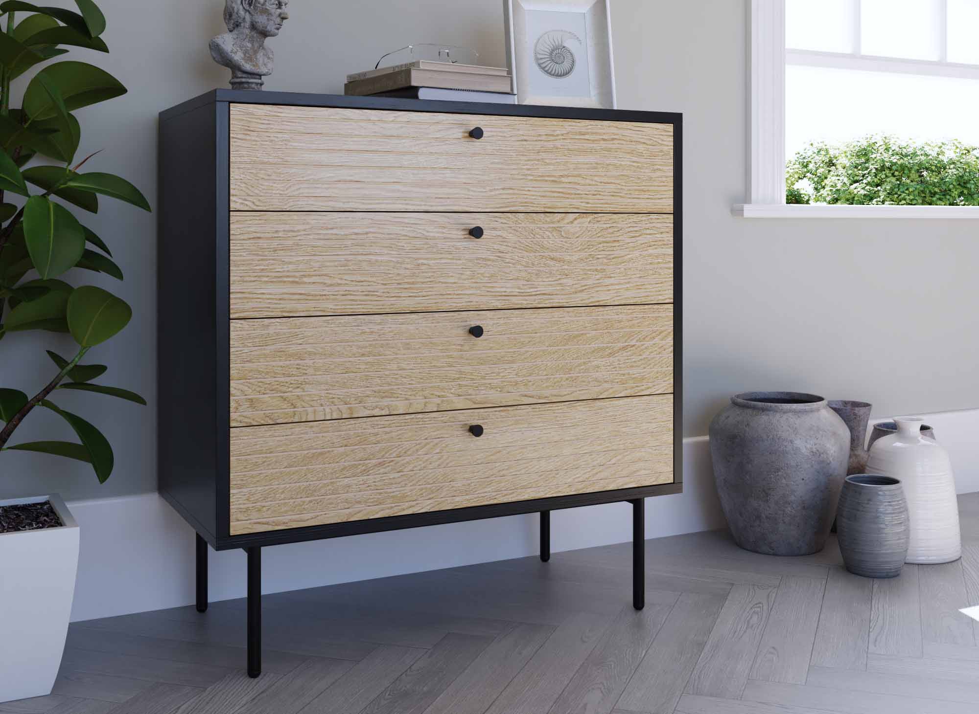 Cómoda baja DARYL de 4 cajones en madera y metal negro