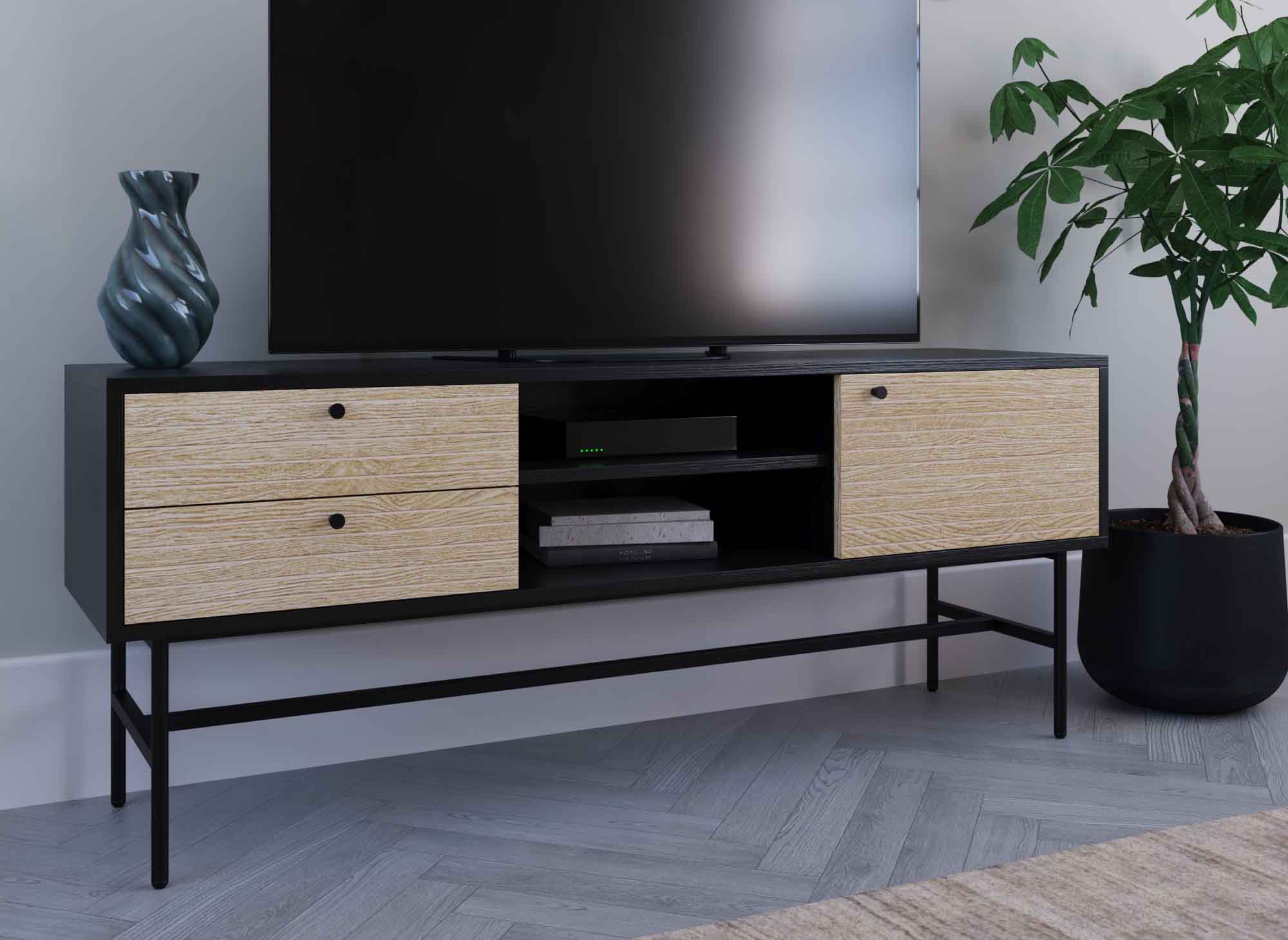 Mueble de TV con 2 cajones y 1 puerta en madera y metal negro DARYL