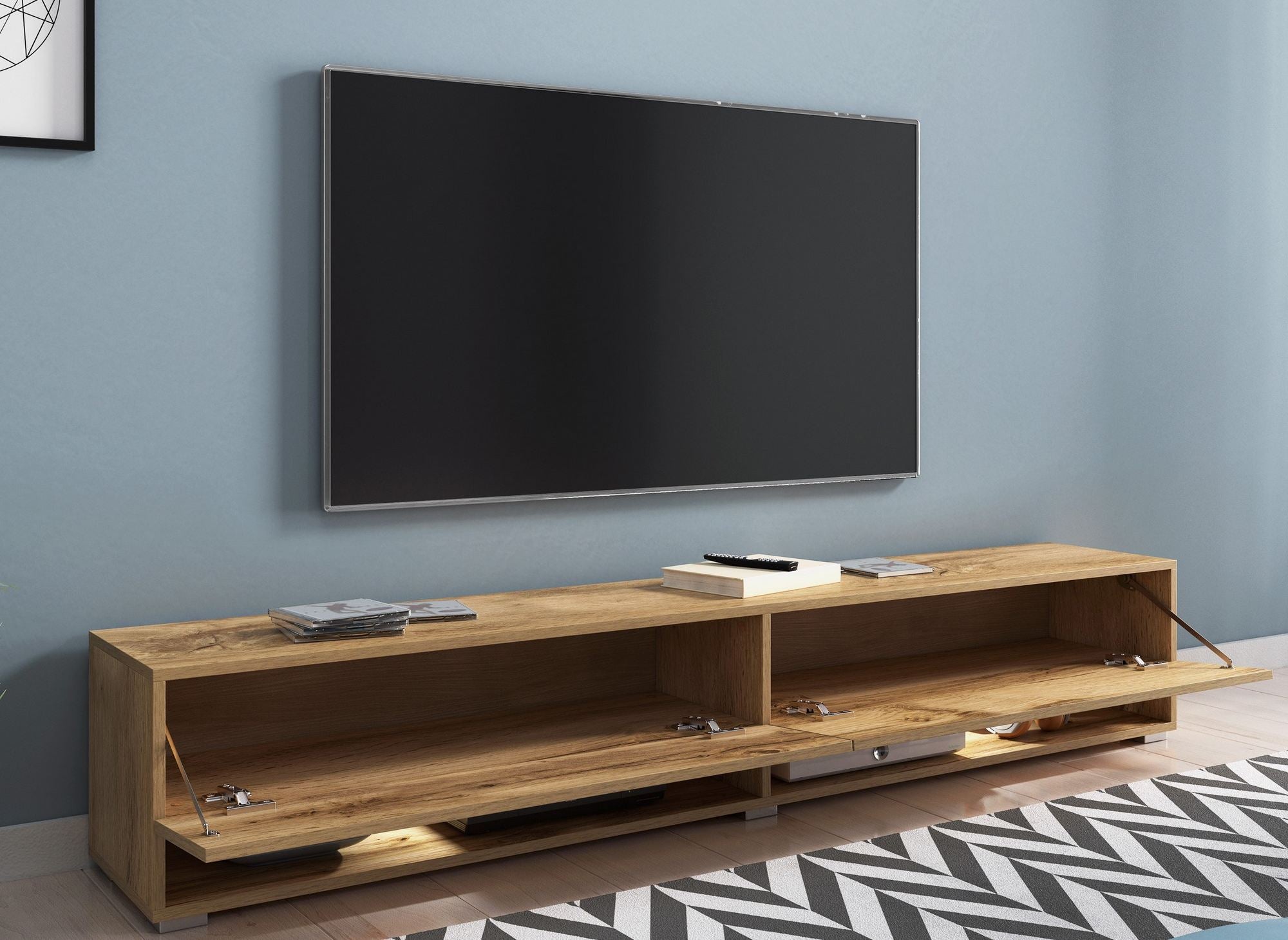 Mueble de TV mural ROMANE XXL de roble, con 2 puertas y 2 estantes - 180 cm