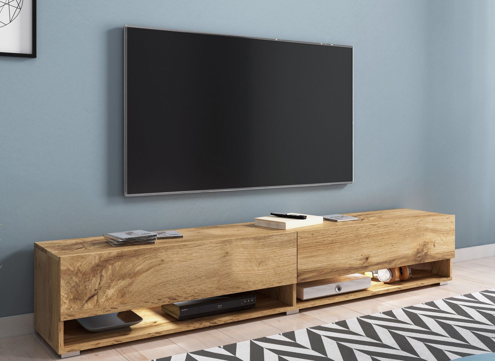 Mueble de TV mural ROMANE XXL de roble, con 2 puertas y 2 estantes - 180 cm