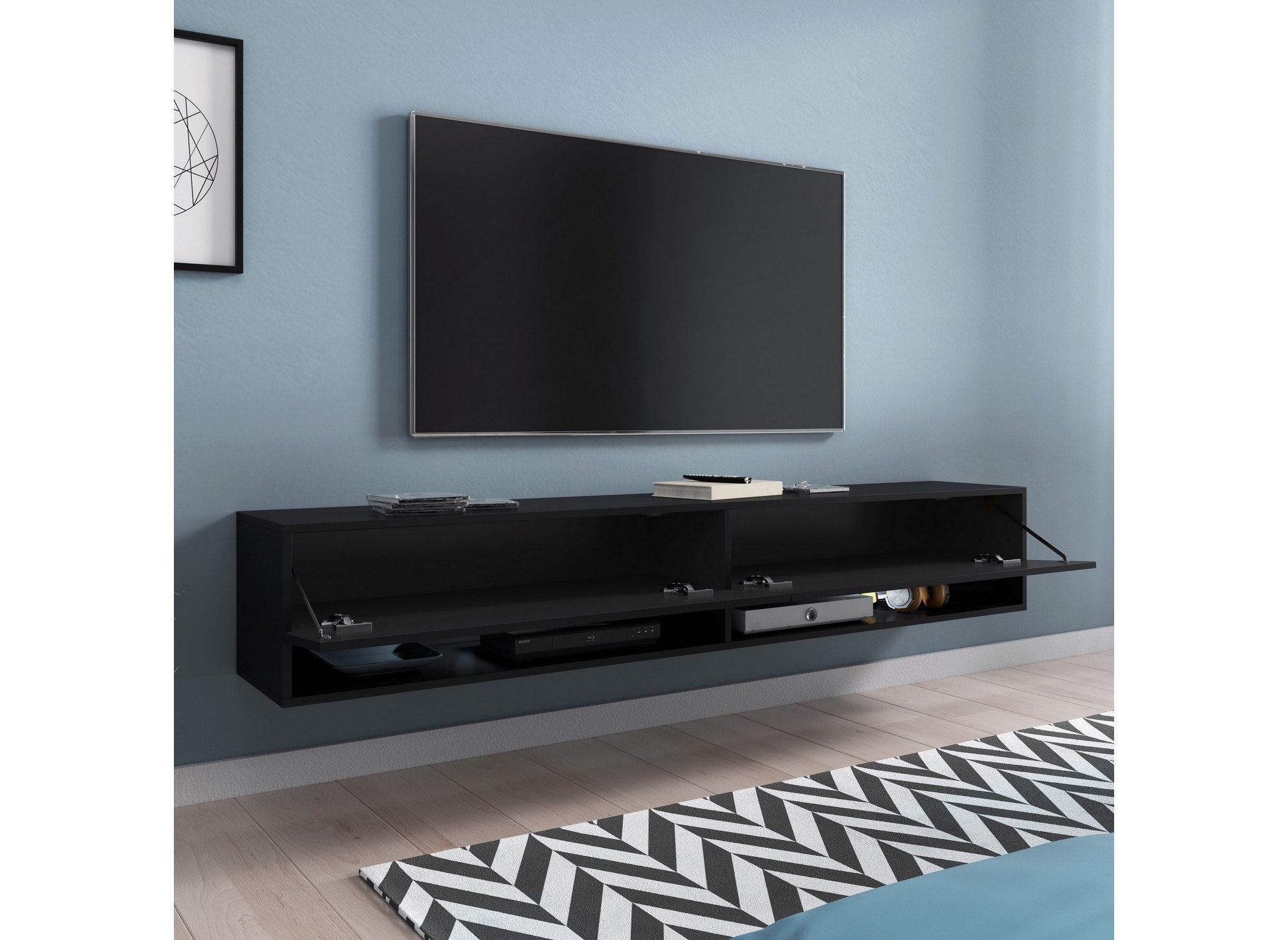 Mueble de TV mural ROMANE XXL con 2 puertas y 2 estantes, negro - 180 cm