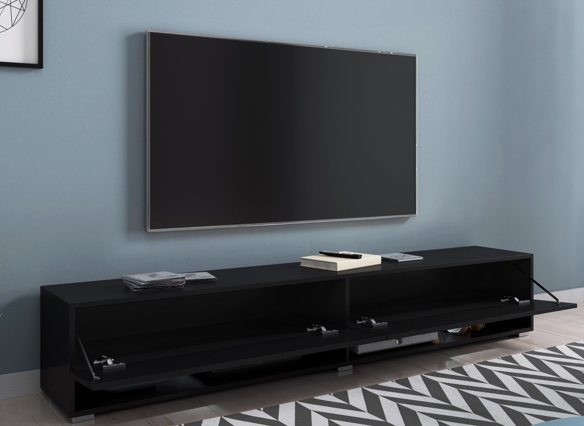 Mueble de TV mural ROMANE XXL con 2 puertas y 2 estantes, negro - 180 cm