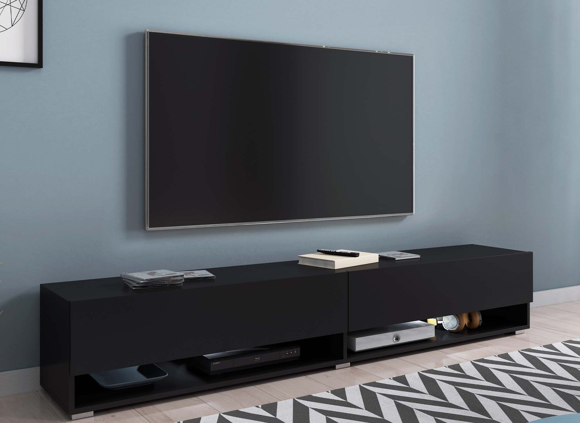 Mueble de TV mural ROMANE XXL con 2 puertas y 2 estantes, negro - 180 cm