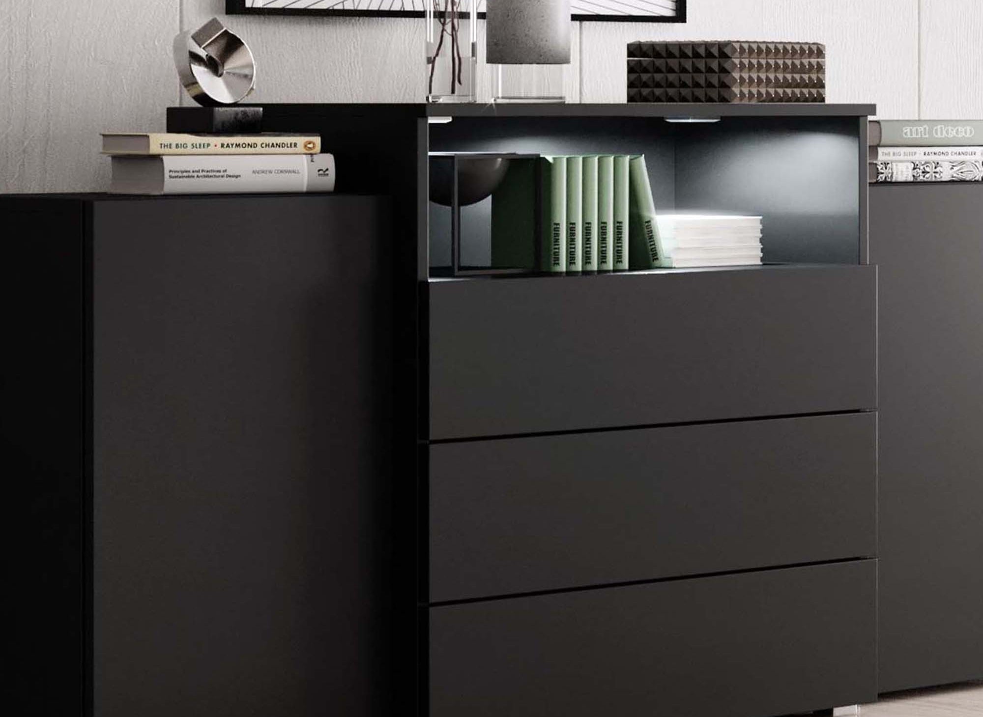 Aparador negro de 2 puertas y 3 cajones con iluminación LED - MARCEL