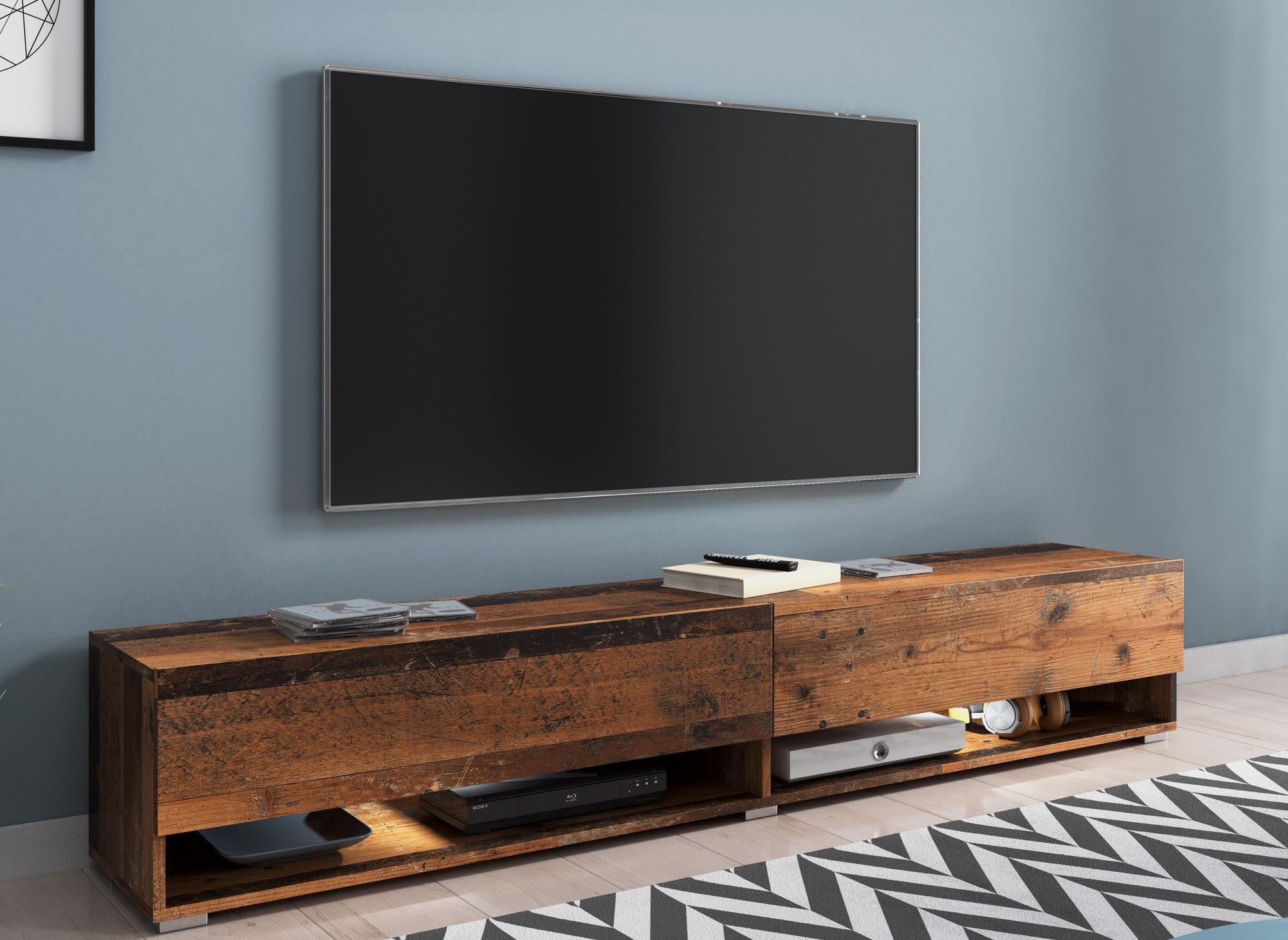 Mueble de TV mural ROMANE XXL de 180 cm con 2 puertas y 2 estantes en roble envejecido.