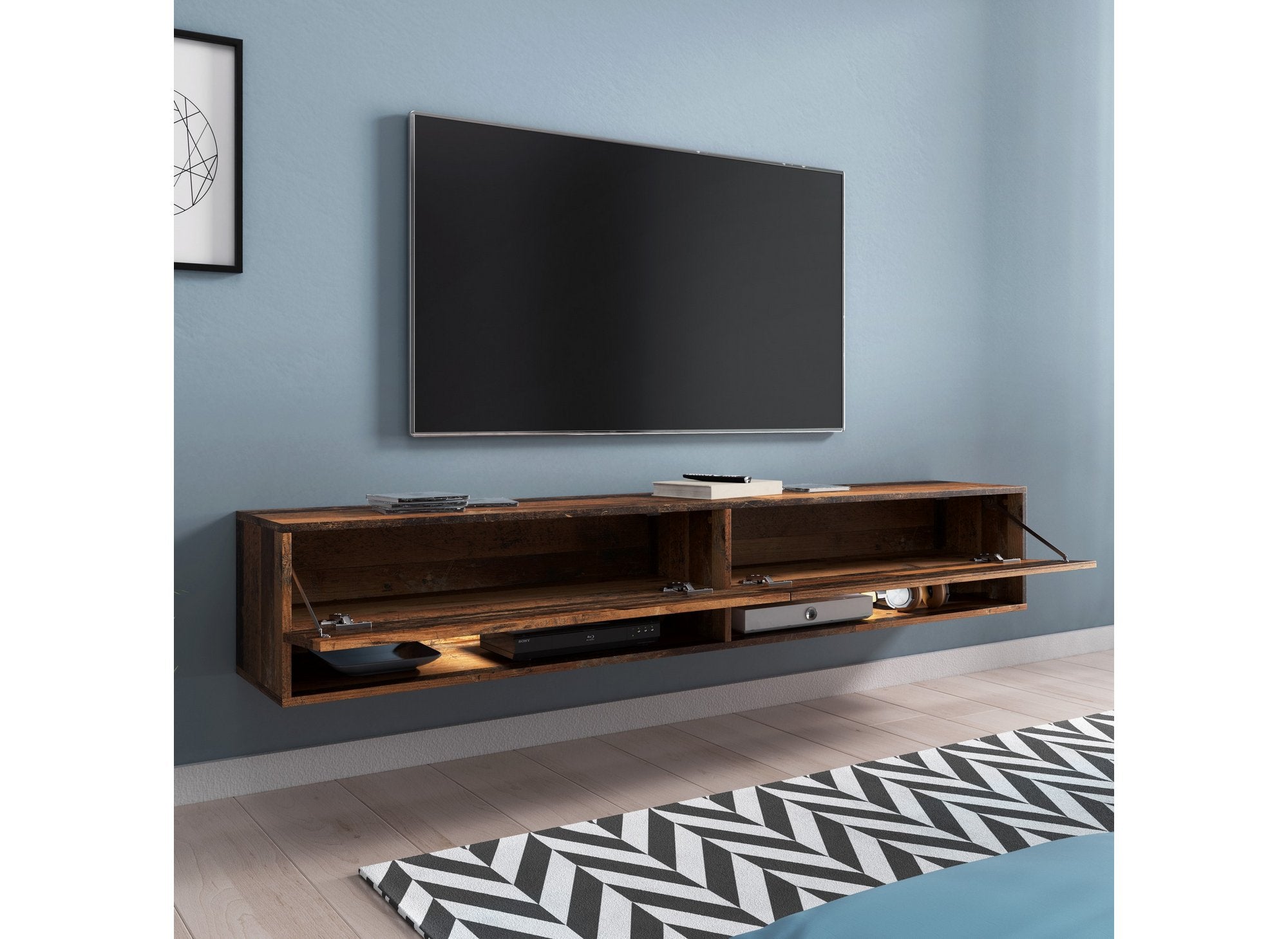 Mueble de TV mural ROMANE XXL de 180 cm con 2 puertas y 2 estantes en roble envejecido.