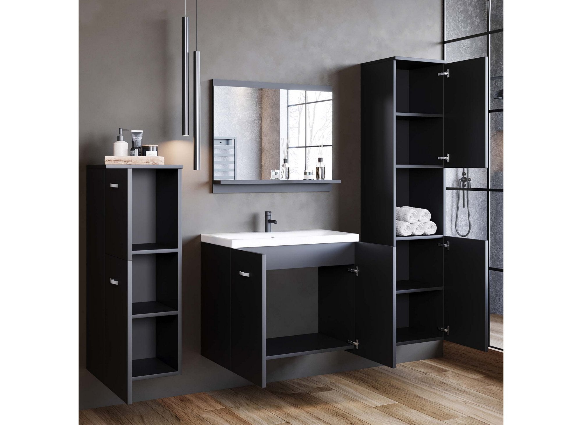 Conjunto de muebles de baño de diseño ALBY para montaje en pared - Negro mate