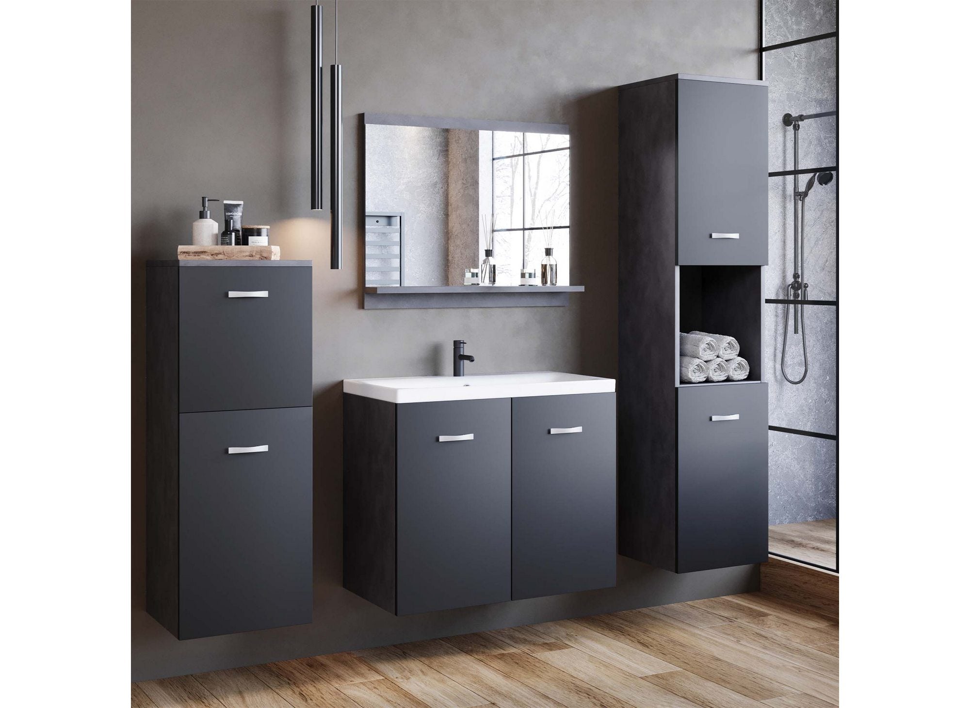 Conjunto de muebles de baño de diseño ALBY para colgar en la pared - Gris antracita y negro