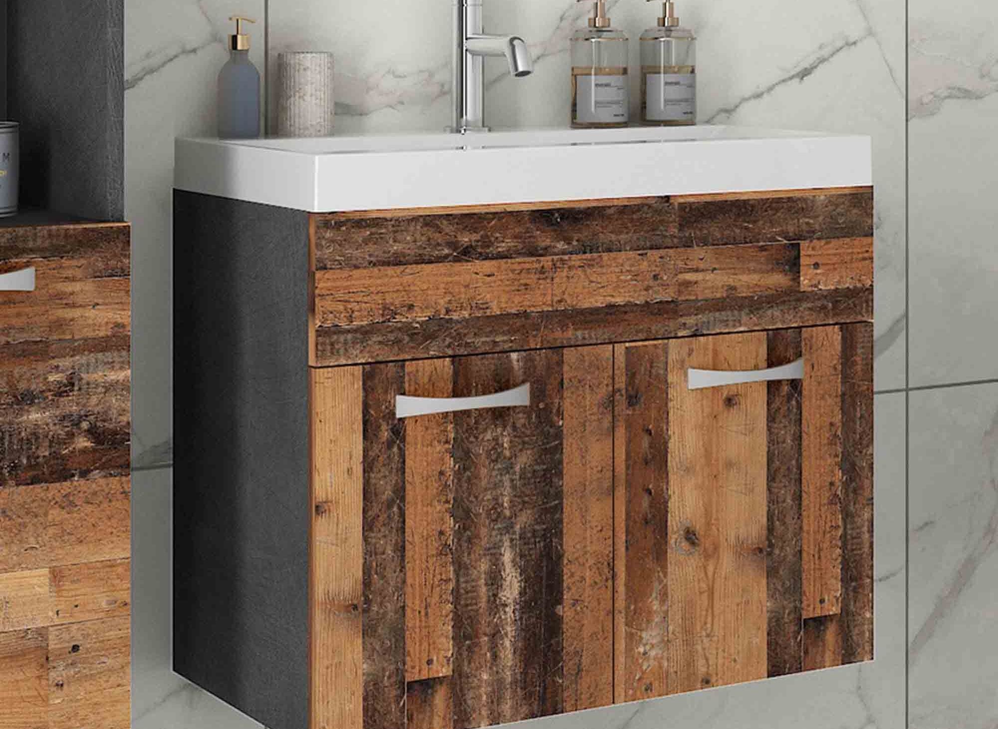 Conjunto de muebles de baño de diseño para montaje en pared HARMONY - Gris oscuro y roble envejecido