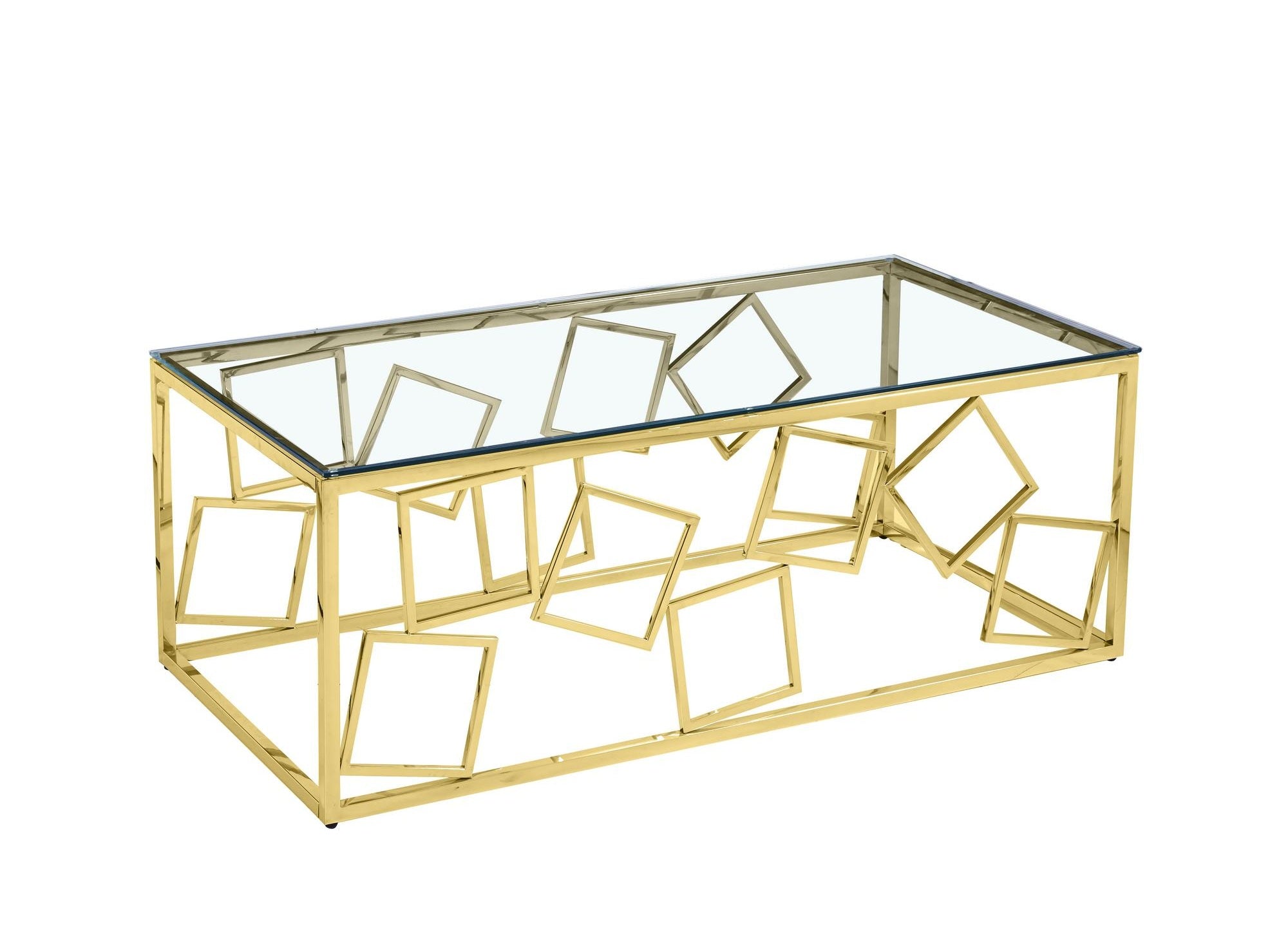 Mesa de centro rectangular de diseño ARVI en vidrio y metal dorado