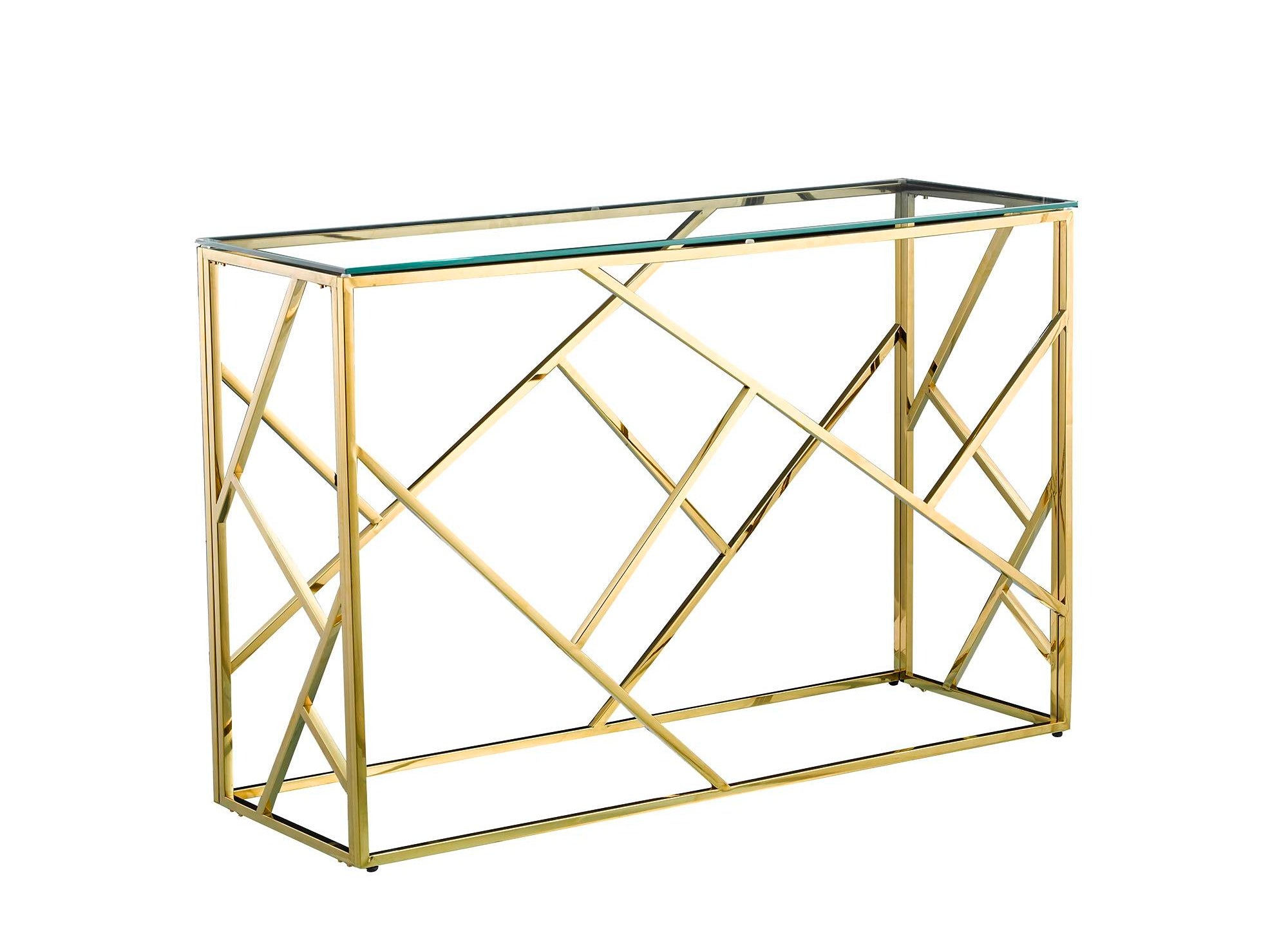 Consola de diseño DELTA en cristal transparente y metal dorado