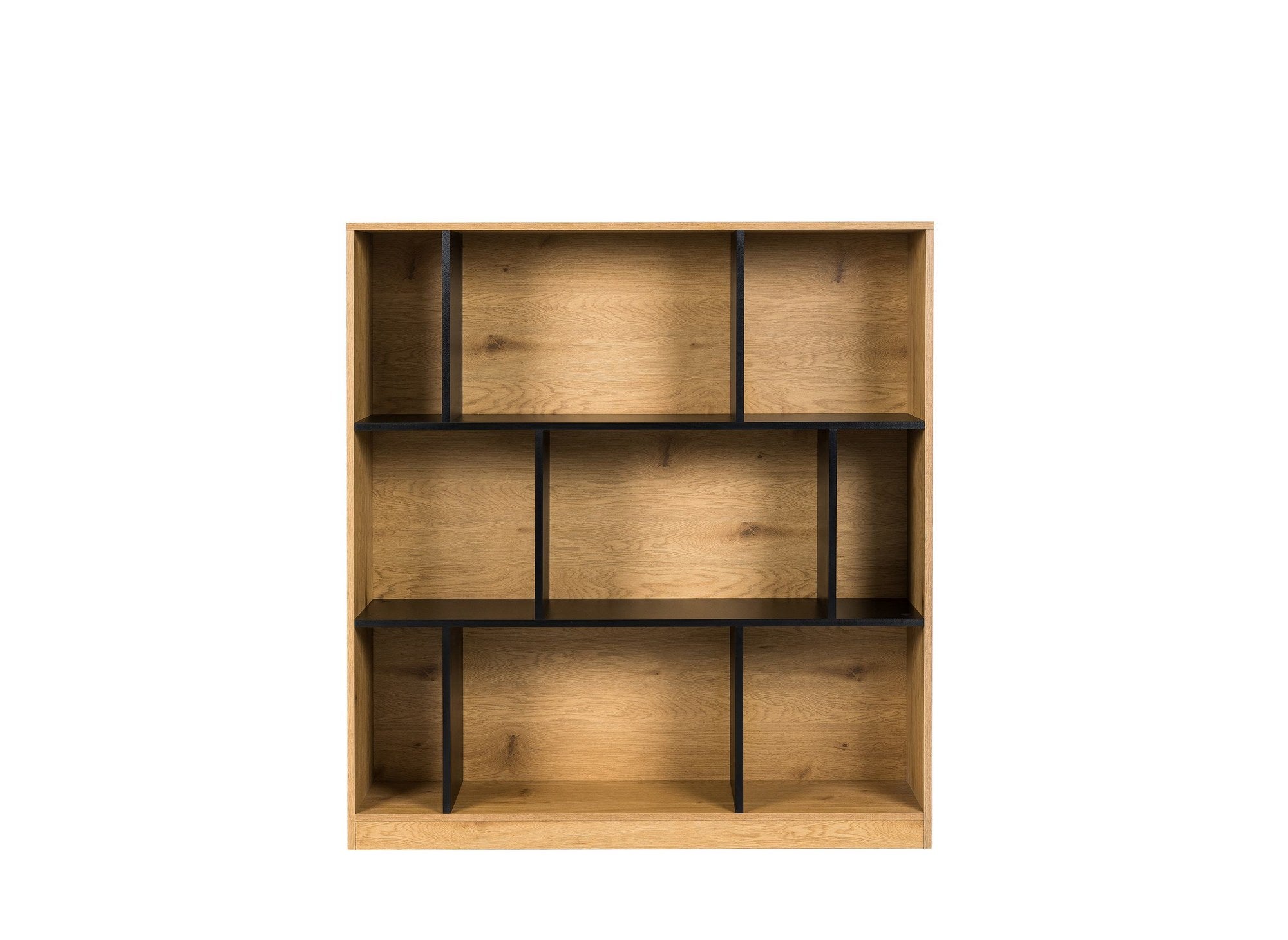 Librería de diseño OFELIA en madera negra y roble con 9 nichos