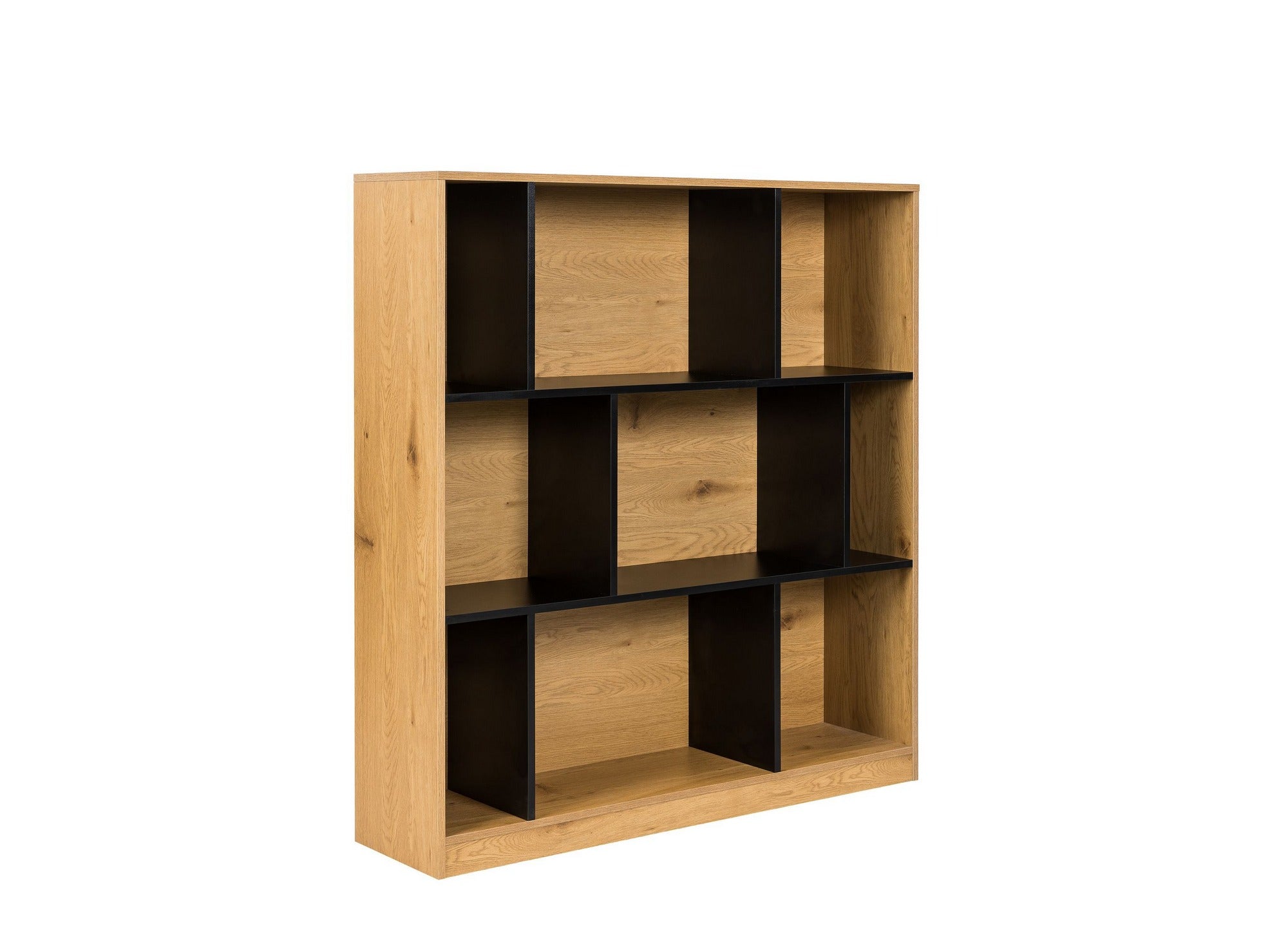 Librería de diseño OFELIA en madera negra y roble con 9 nichos