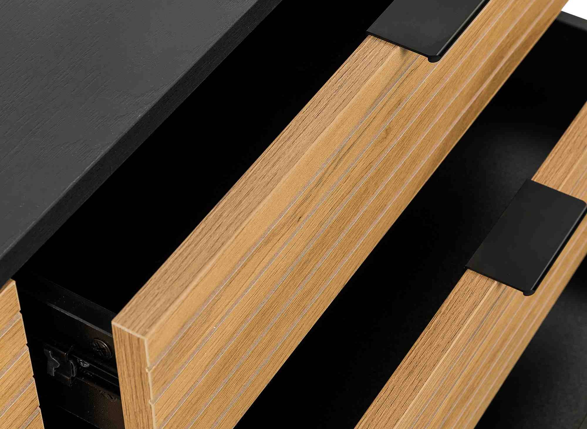 Aparador TISSIA de 3 cajones y 2 puertas en madera clara y metal negro