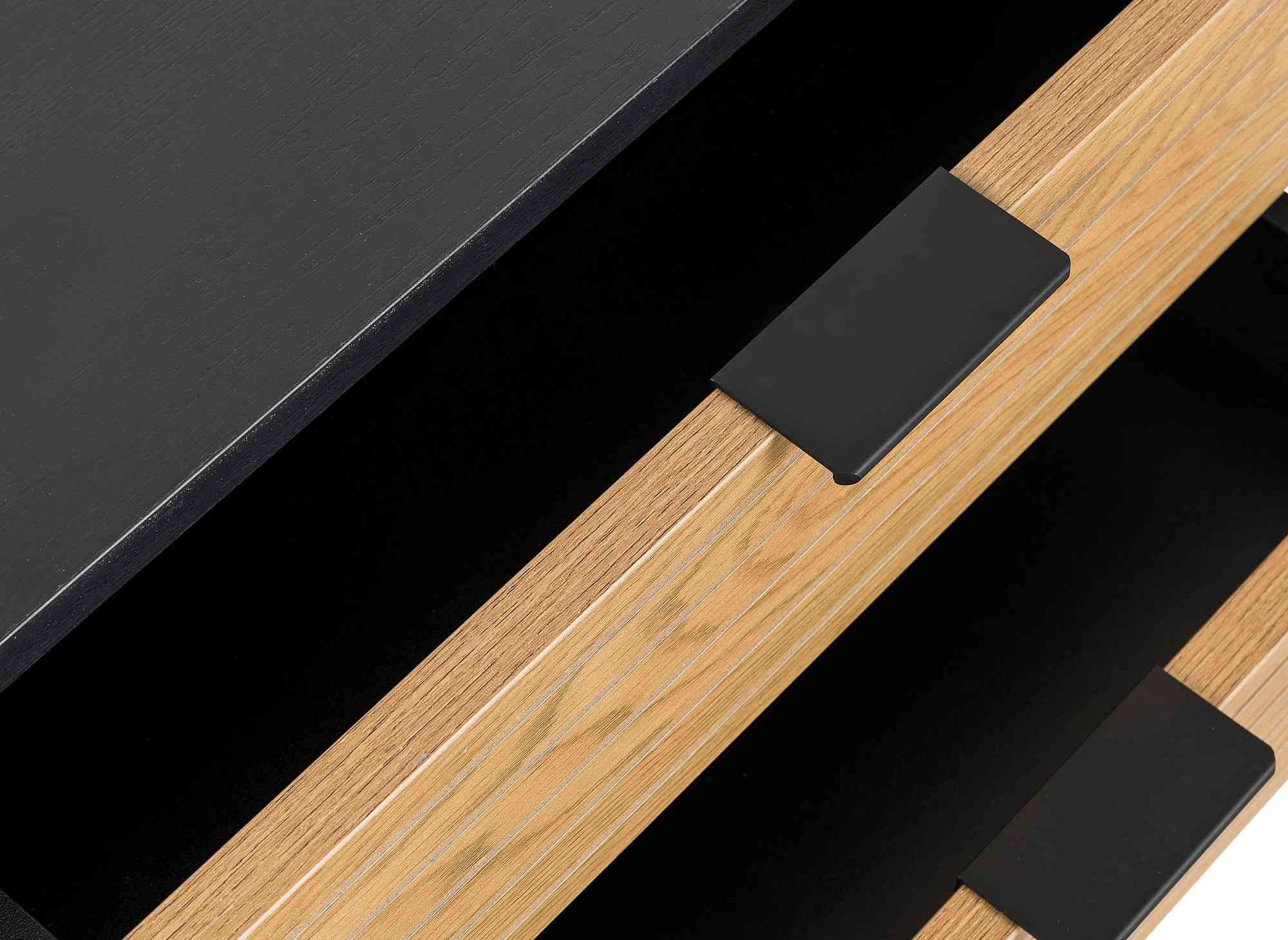 Mueble de TV TISSIA con 2 cajones y 1 puerta, fabricado en madera clara y metal negro.