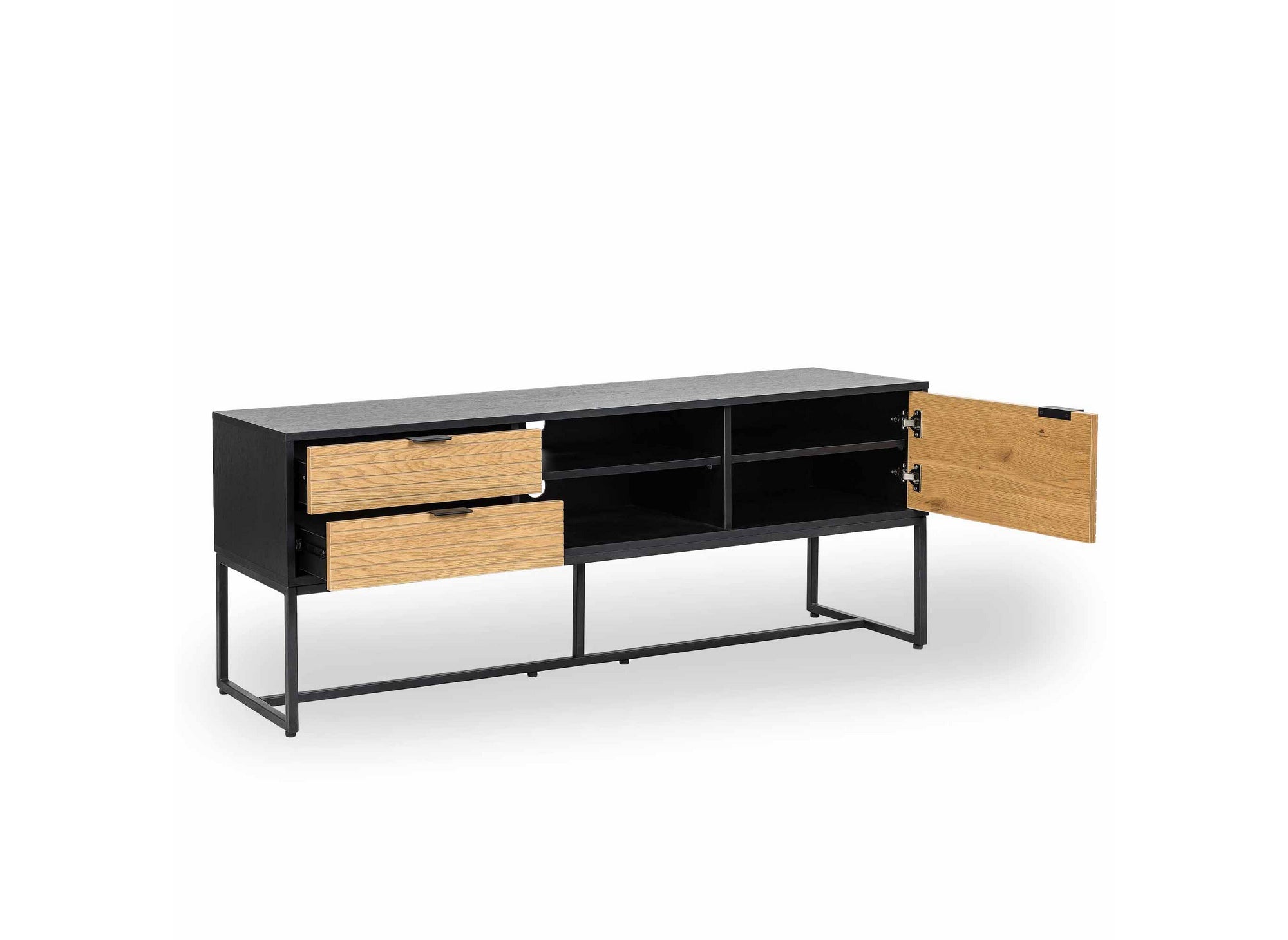 Mueble de TV TISSIA con 2 cajones y 1 puerta, fabricado en madera clara y metal negro.