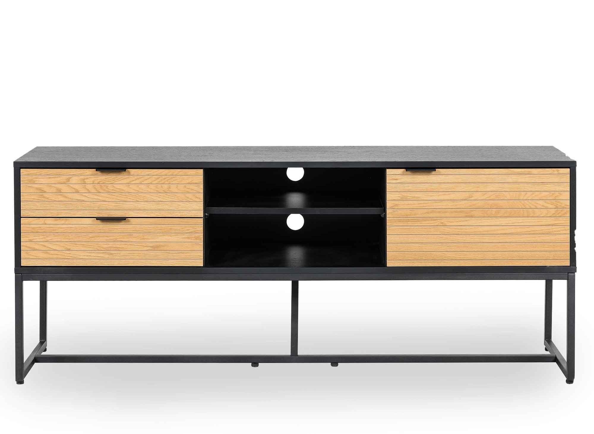 Mueble de TV TISSIA con 2 cajones y 1 puerta, fabricado en madera clara y metal negro.