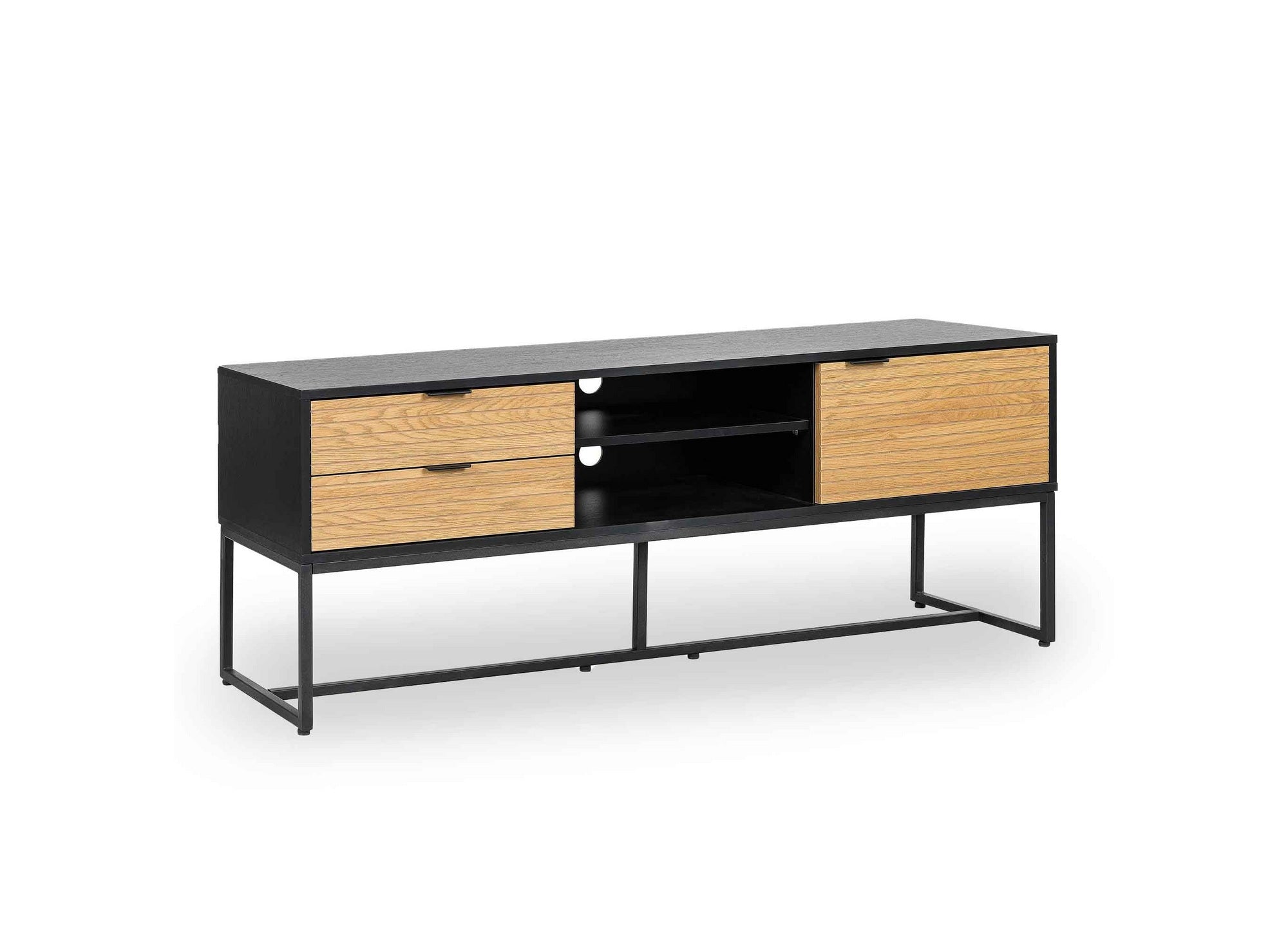 Mueble de TV TISSIA con 2 cajones y 1 puerta, fabricado en madera clara y metal negro.