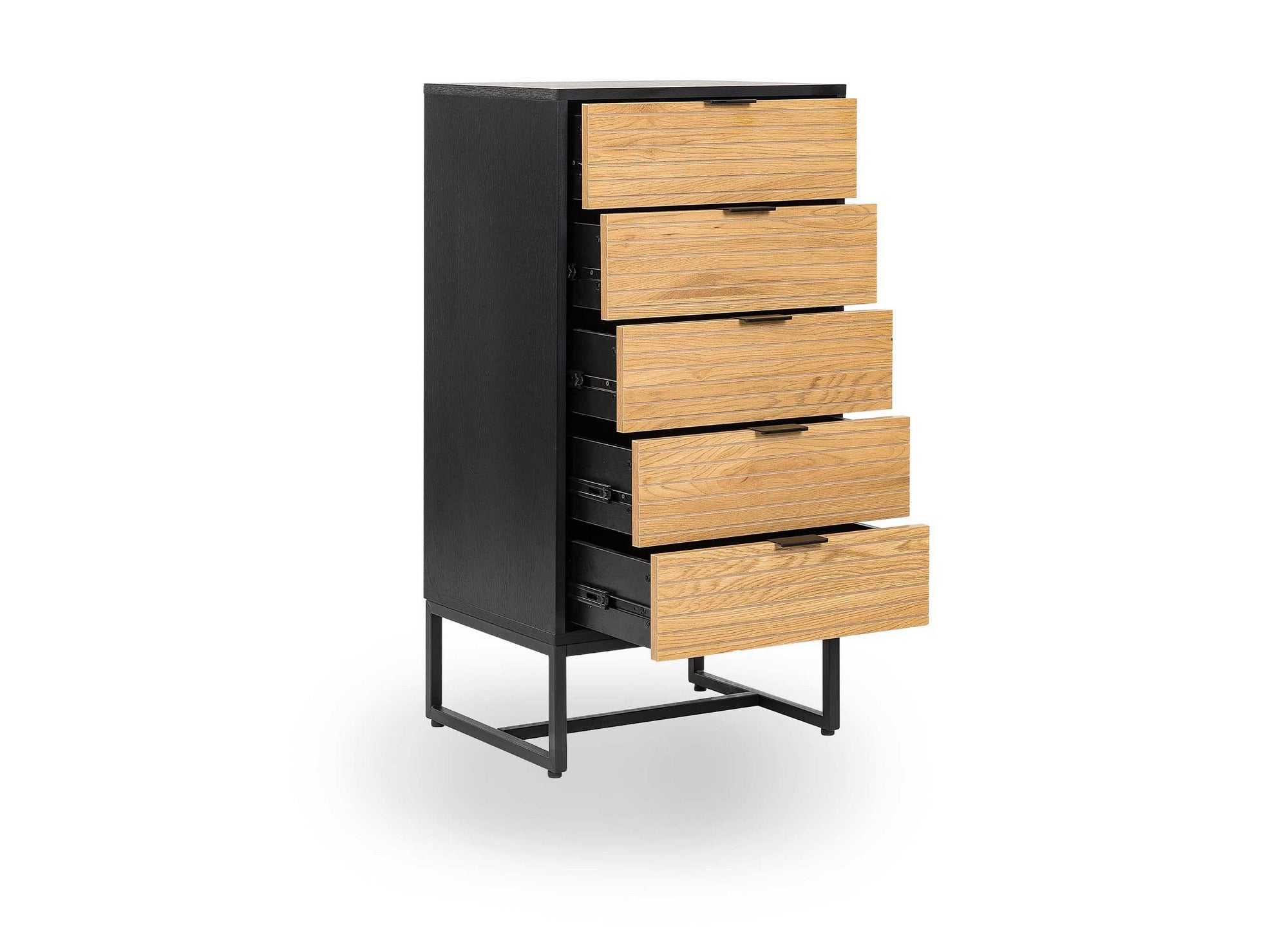 Cómoda TISSIA de 5 cajones en madera clara y metal negro