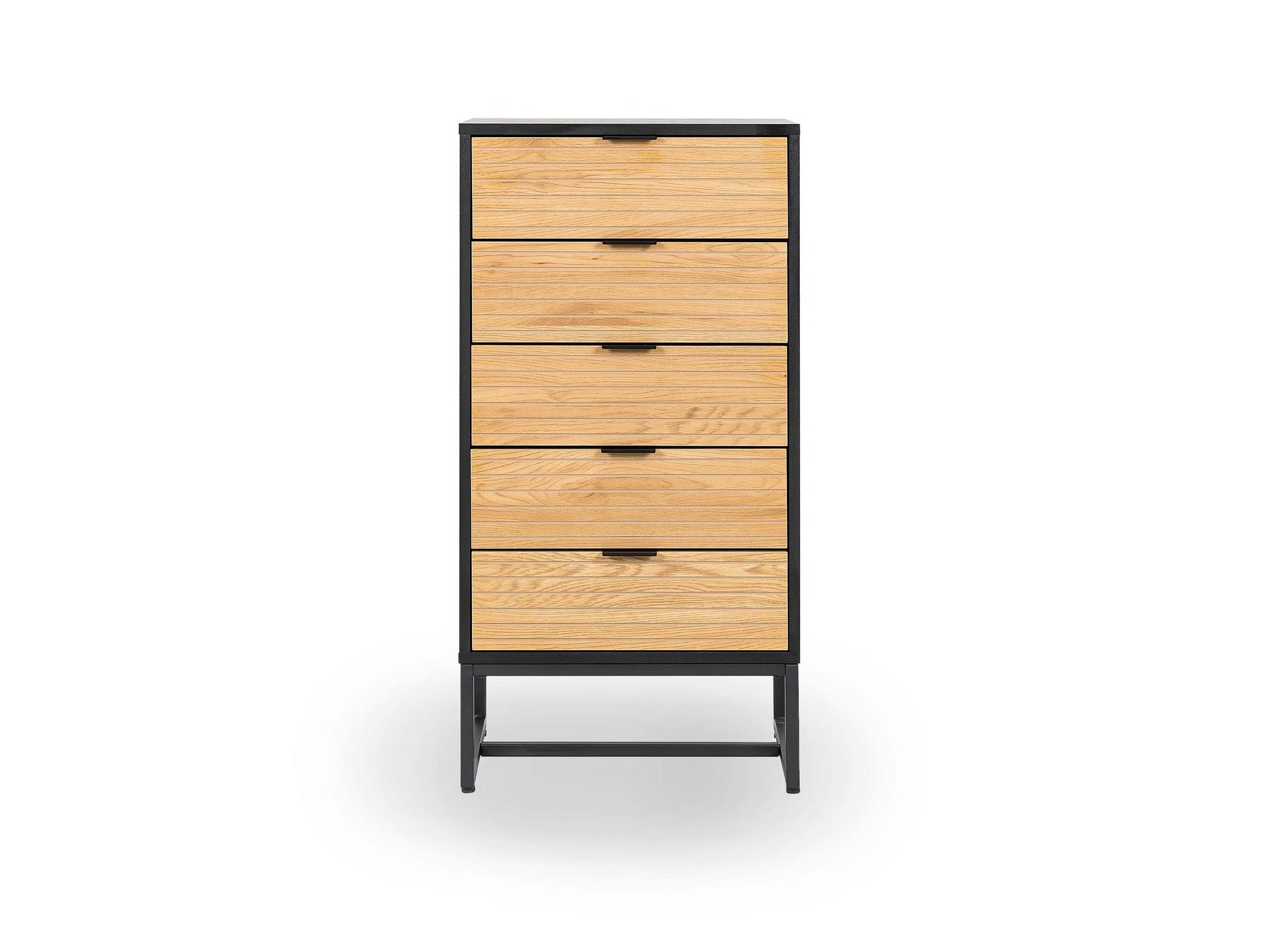 Cómoda TISSIA de 5 cajones en madera clara y metal negro