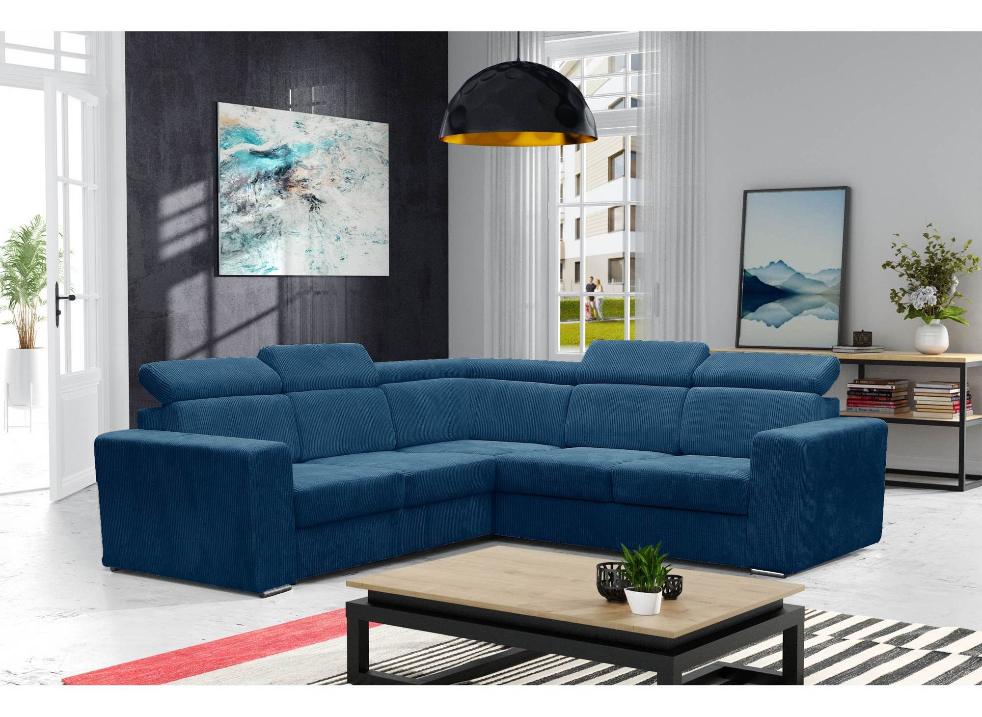 Sofá esquinero convertible y reversible MERYL en pana azul