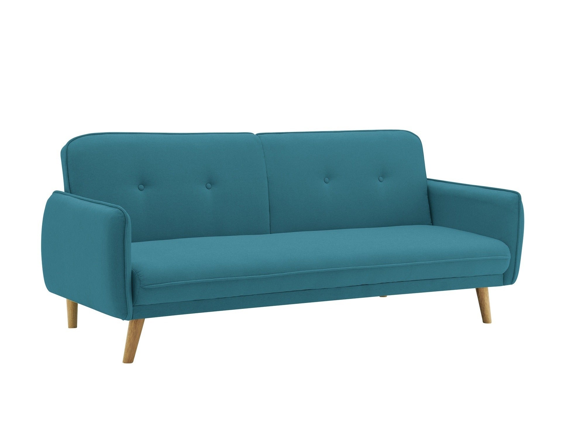 Sofá NATAL azul tapizado con mecanismo clic-clac y patas de madera