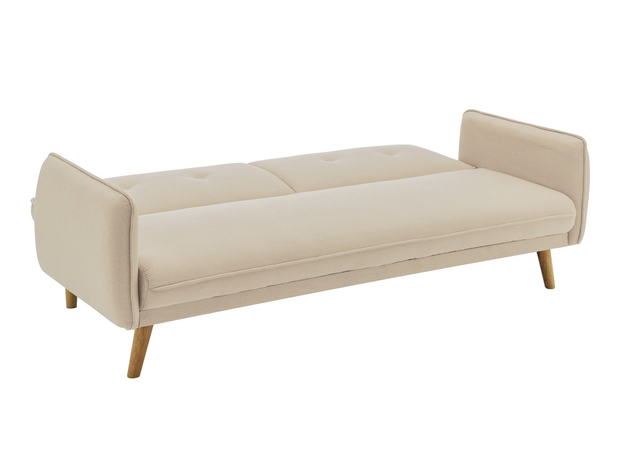 Sofá NATAL de tela beige con mecanismo clic-clac y patas de madera