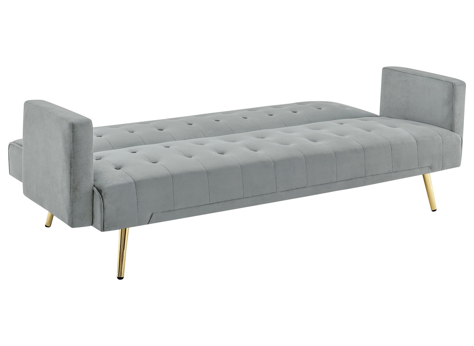 Sofá CHICAGO de terciopelo gris con mecanismo clic-clac y patas de metal dorado