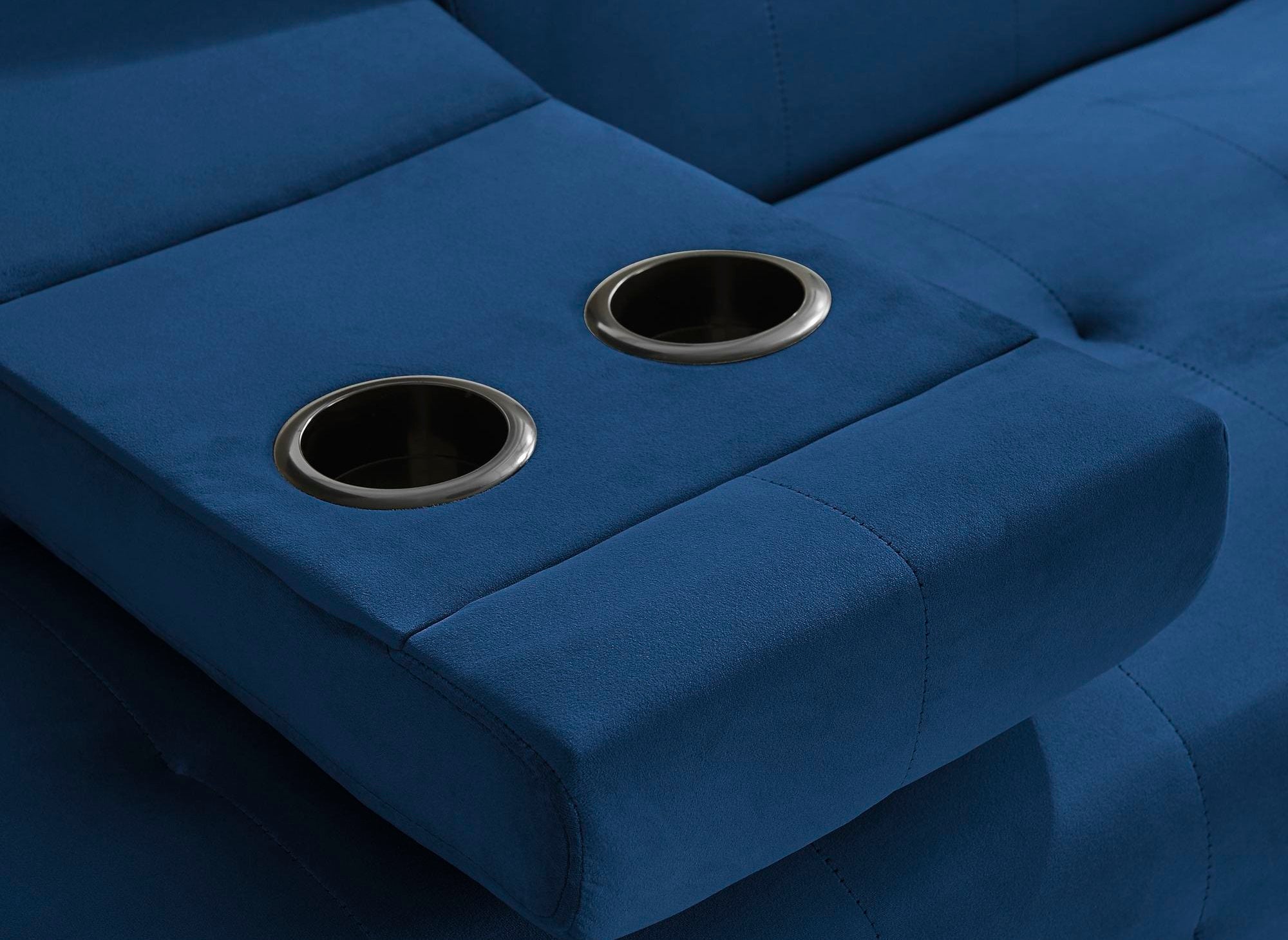 Sofá LIMA de terciopelo azul oscuro con mecanismo clic-clac y portavasos
