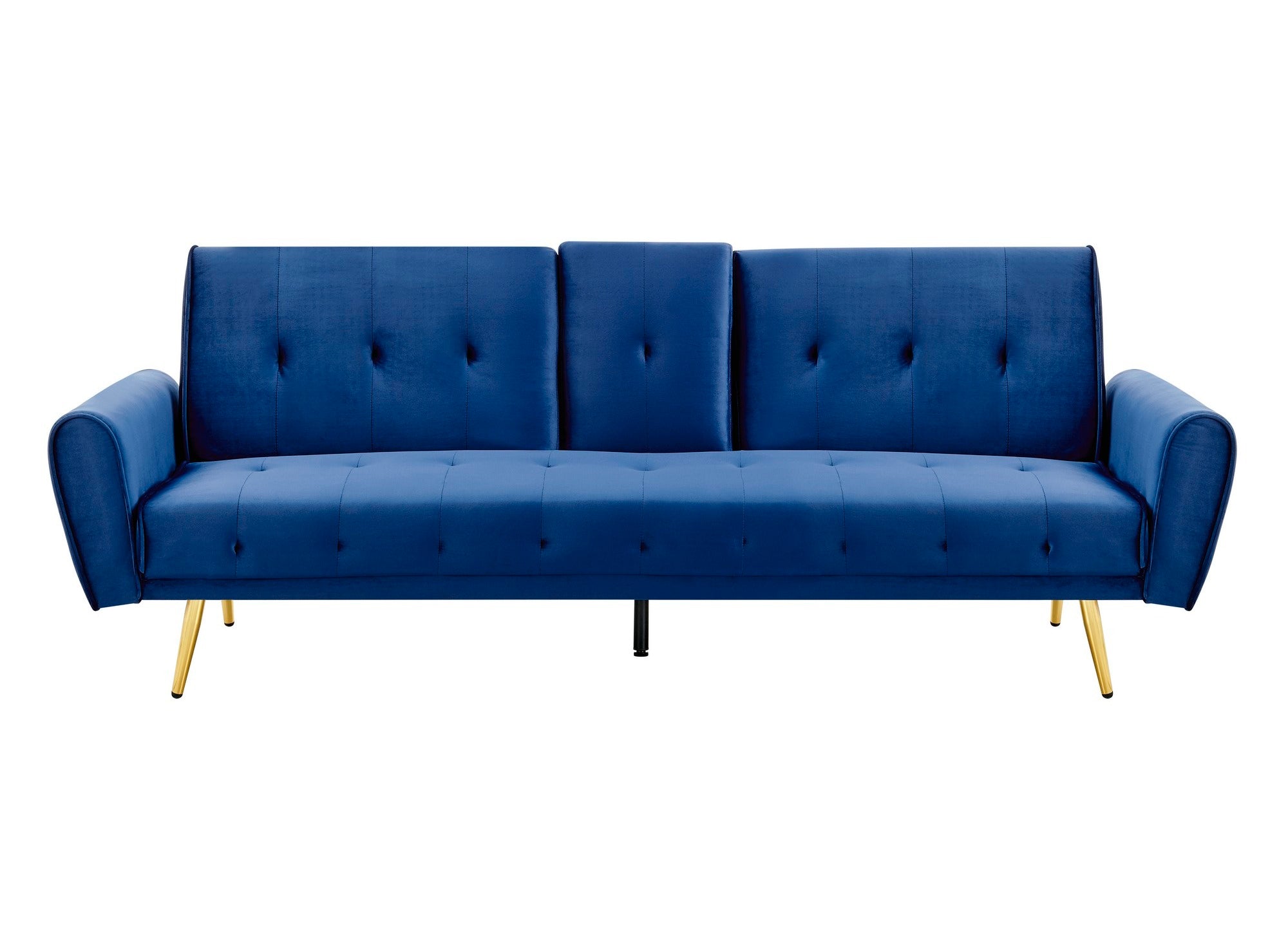 Sofá LIMA de terciopelo azul oscuro con mecanismo clic-clac y portavasos