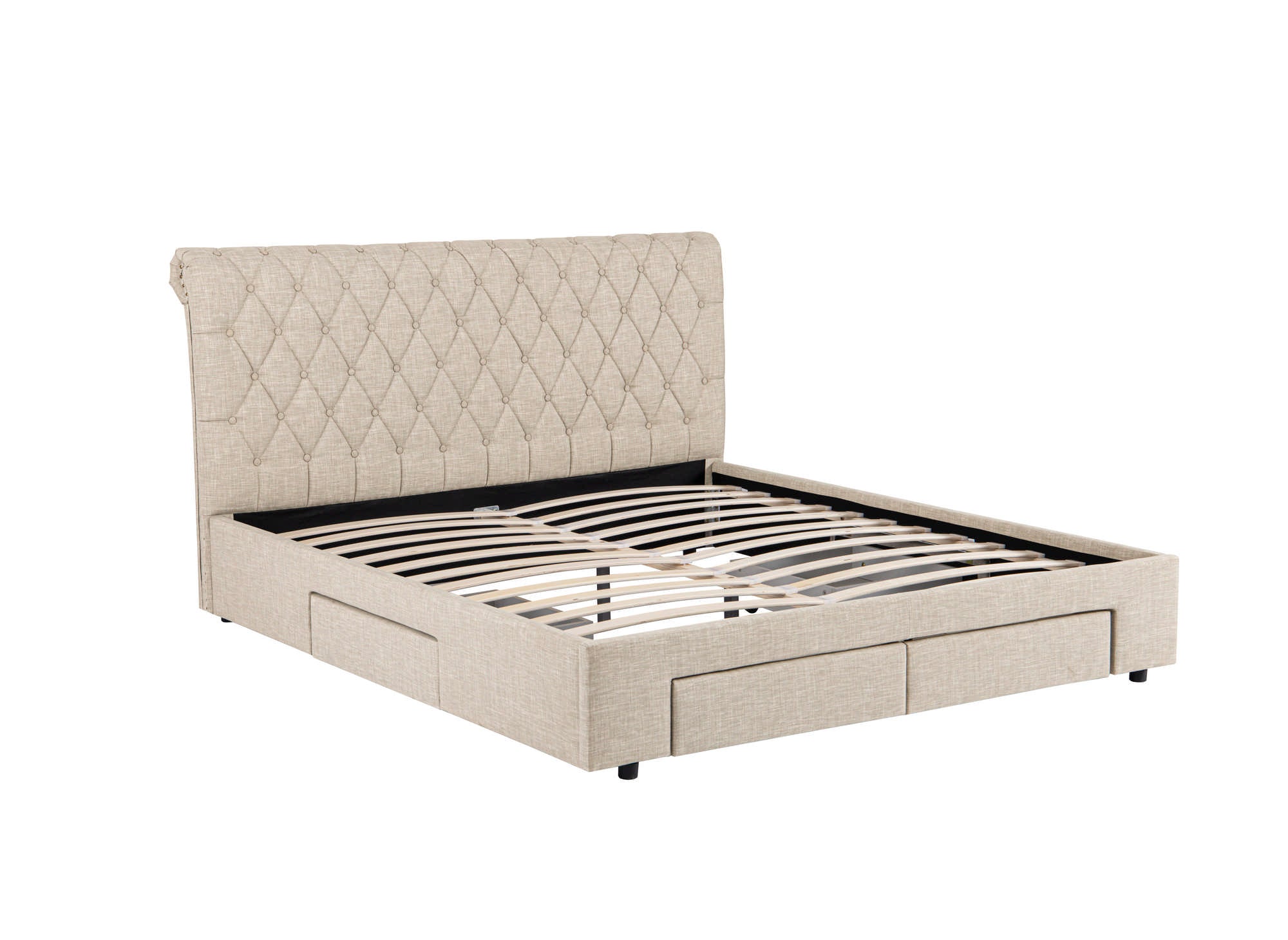 Cama doble con 4 cajones en lino beige 180x200 cm LEANDRÉ