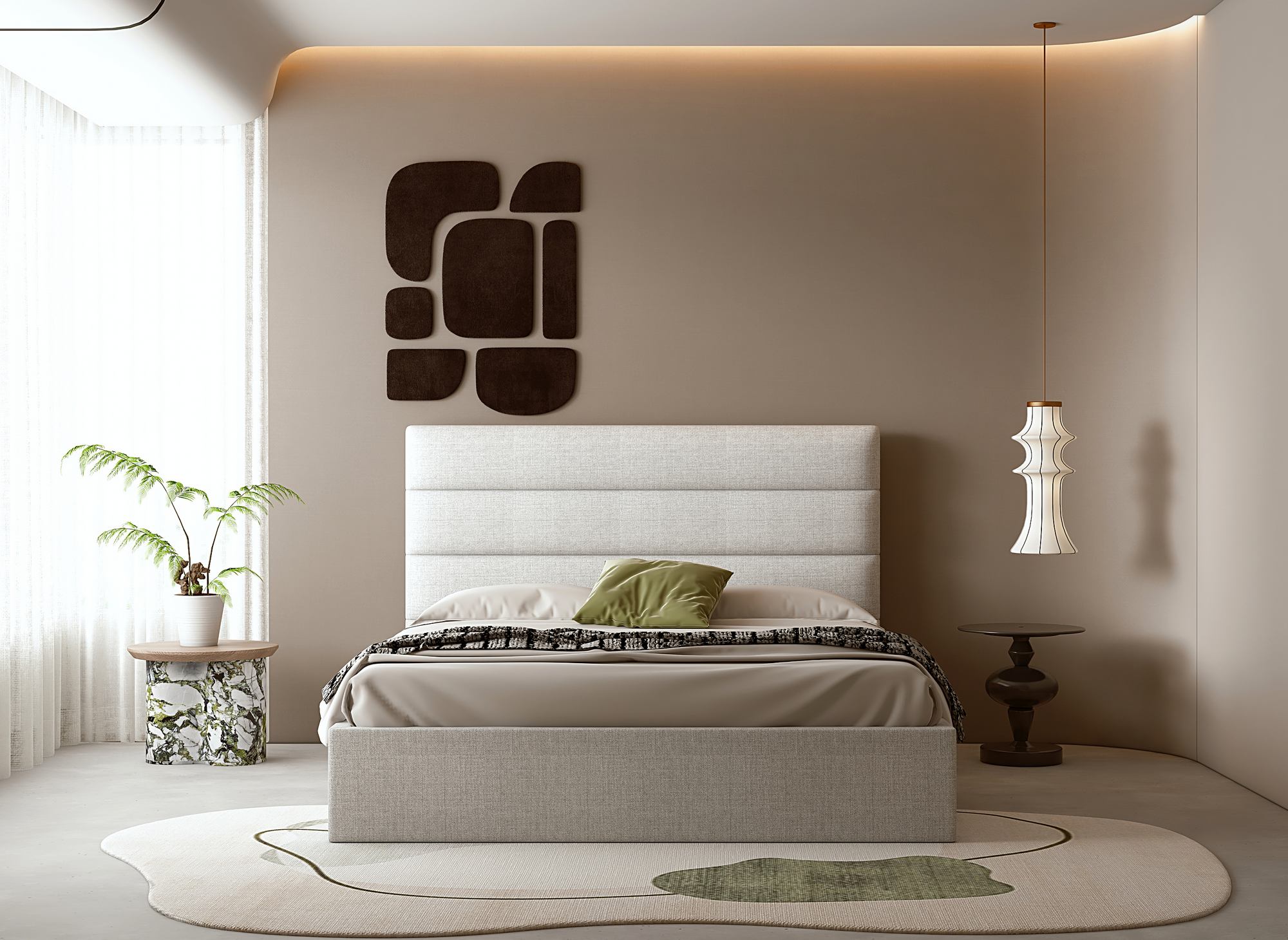 Cama con almacenaje SHANNA de tela de lino color beige, 160 x 200 cm