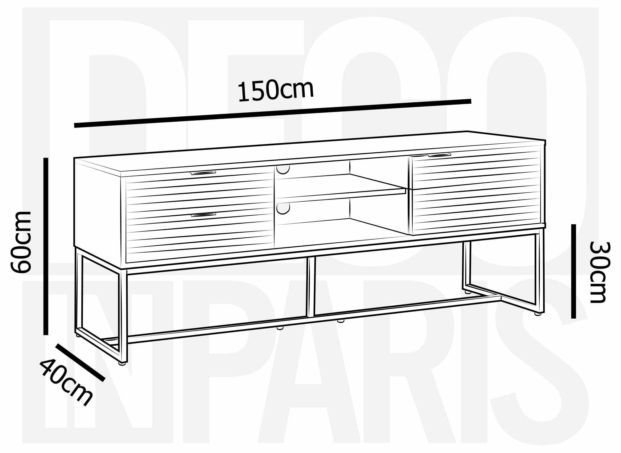 Mueble de TV TISSIA con 2 cajones y 1 puerta, fabricado en madera clara y metal negro.