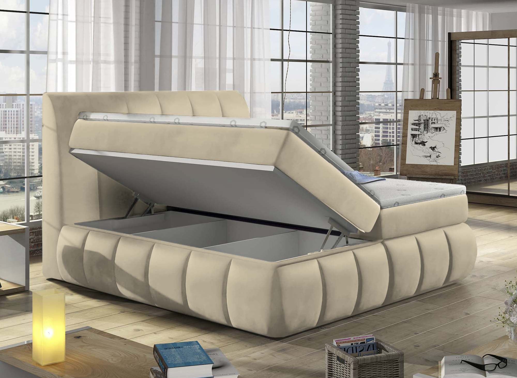Cama con somier de 180x200 con compartimento de almacenaje en terciopelo beige - VALERIA