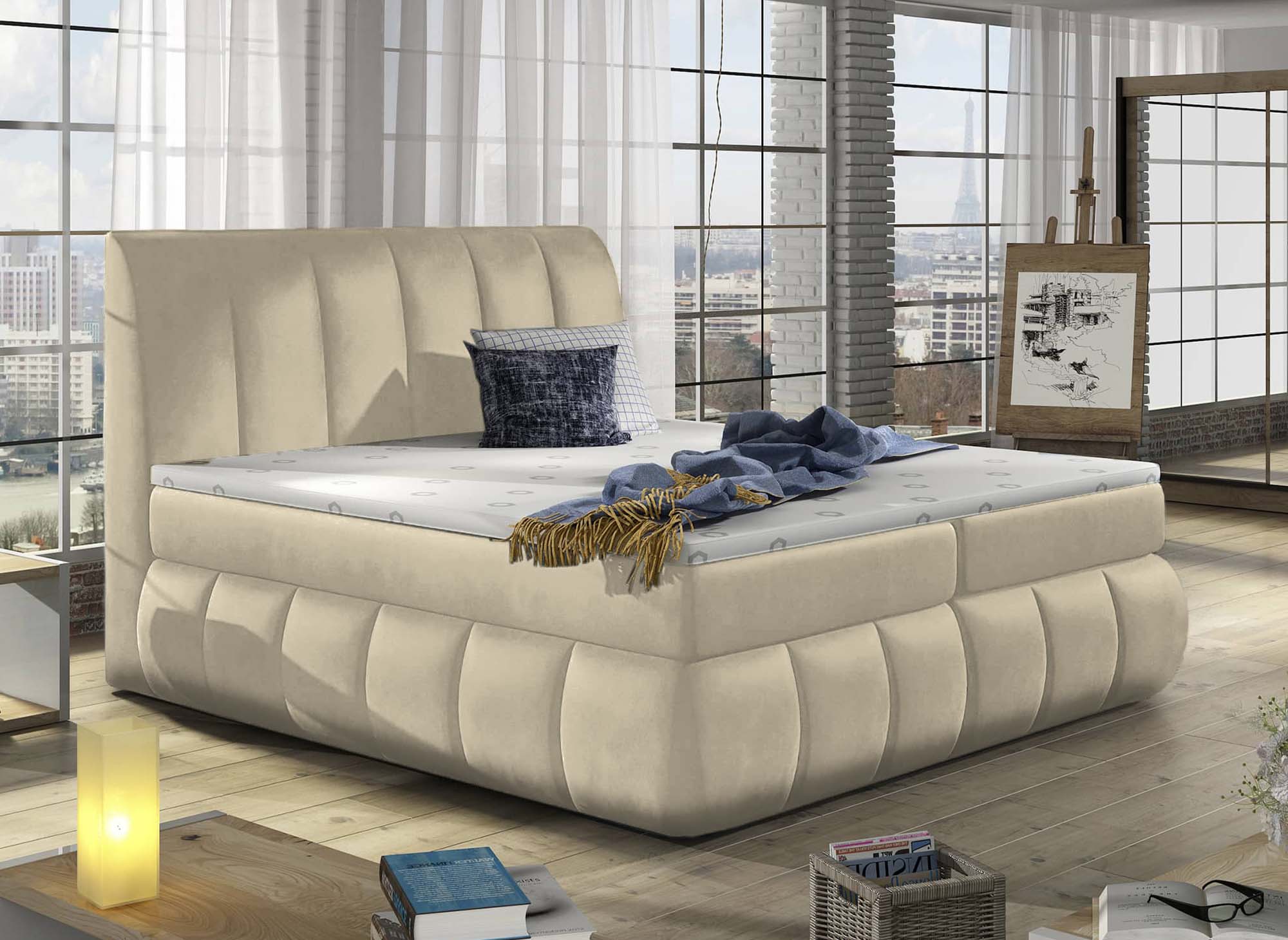 Cama con somier VALERIA de 160x200 con compartimento de almacenaje en terciopelo beige