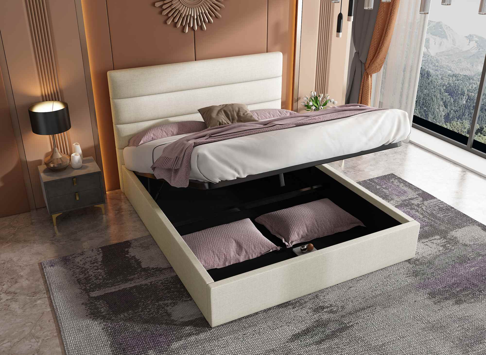 Cama con almacenaje SHANNA de 180 x 200 cm, tapizada en lino beige.