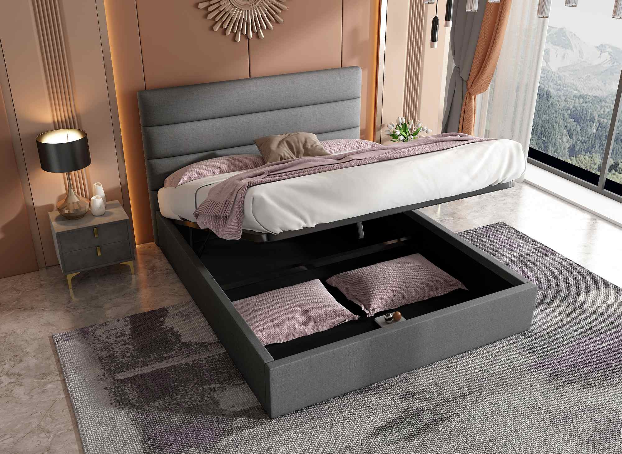 Cama con almacenaje SHANNA de 180 x 200 cm, tapizada en lino gris.